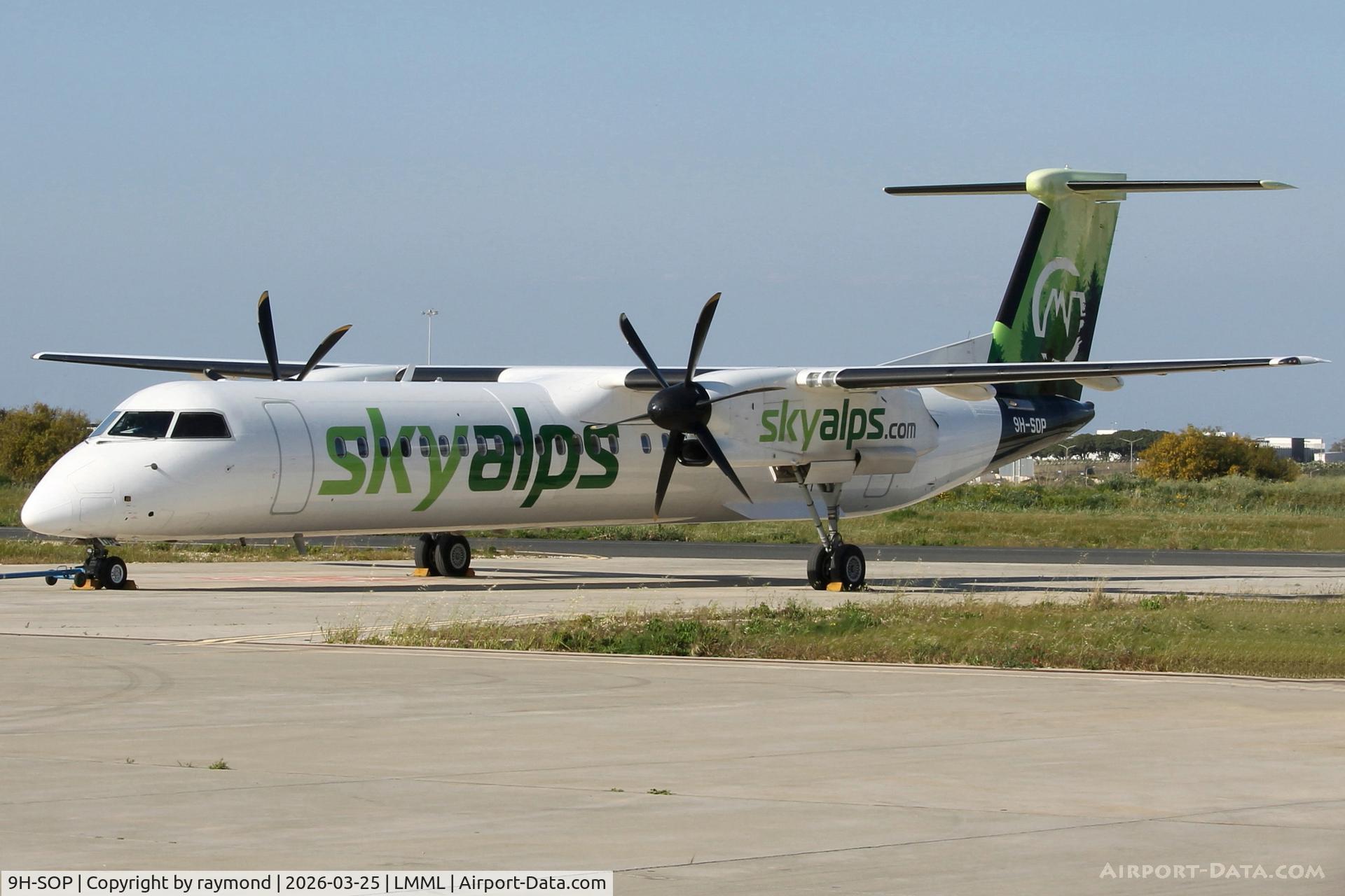 9H-SOP, 2009 De Havilland Canada DHC-8-402Q Dash 8 C/N 4242, De Havilland Canada DHC-8-402Q reg 9H-SOP of SkyAlps entering Safi Aviation Park, Malta.