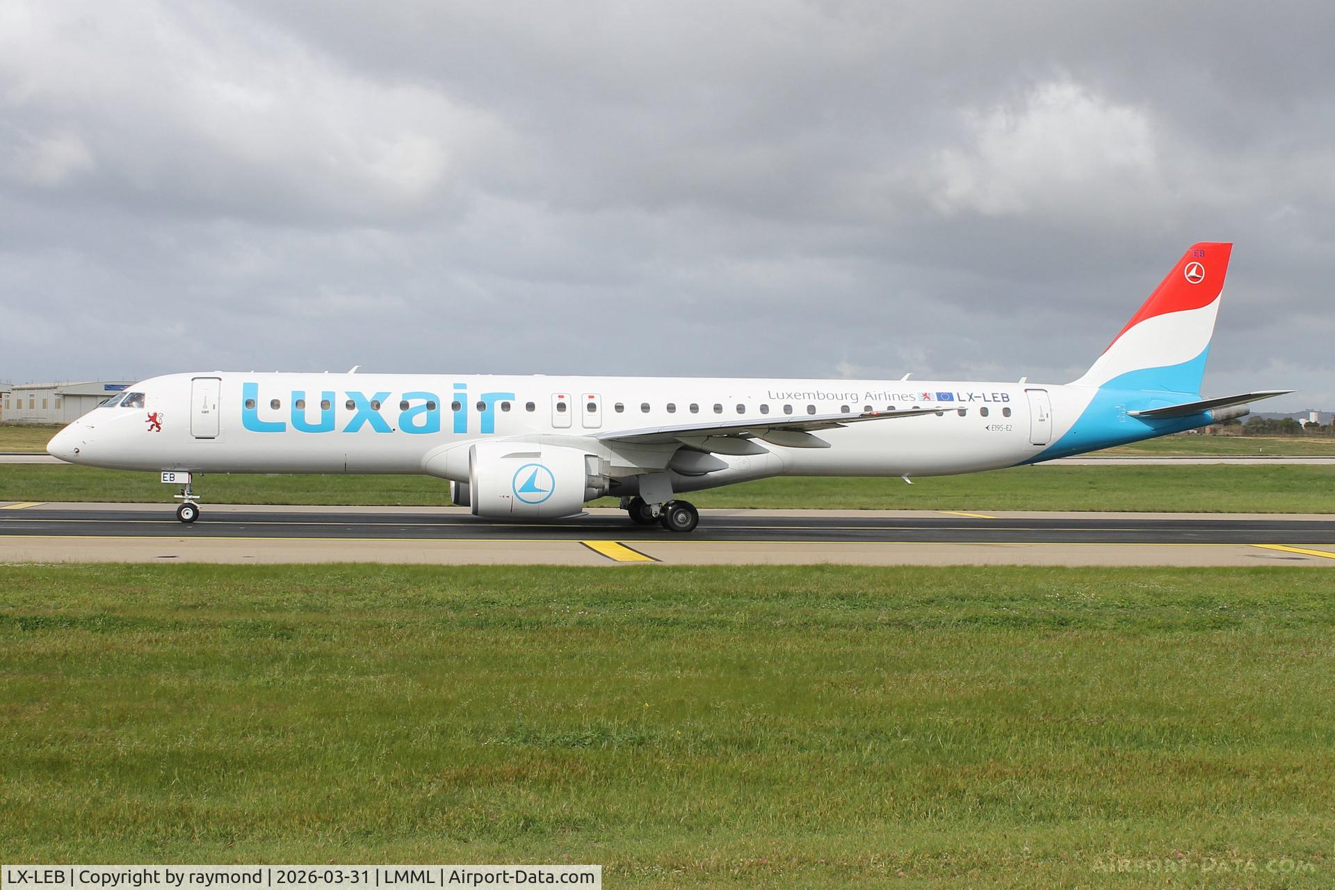 LX-LEB, Embraer E-195 C/N 20216, Embraer E-195 reg LX-LEB of Luxair taxiing out for RW31, departing Malta.