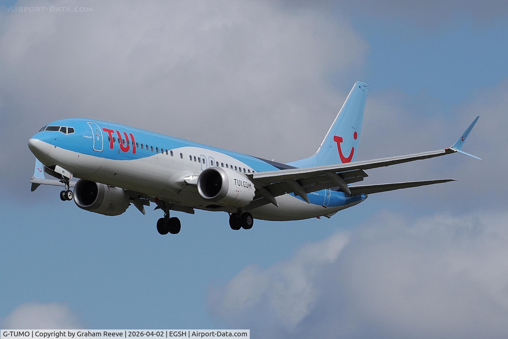 G-TUMO, 2020 Boeing 737-8 MAX C/N 44608, Landing at Norwich.