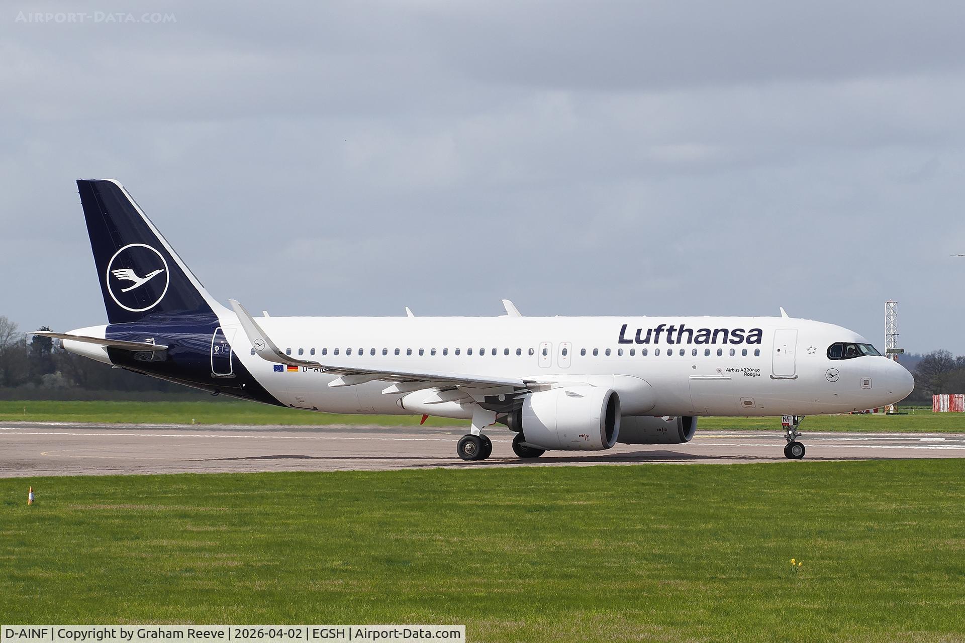 D-AINF, 2017 Airbus A320-271N C/N 7577, Departing from Norwich.