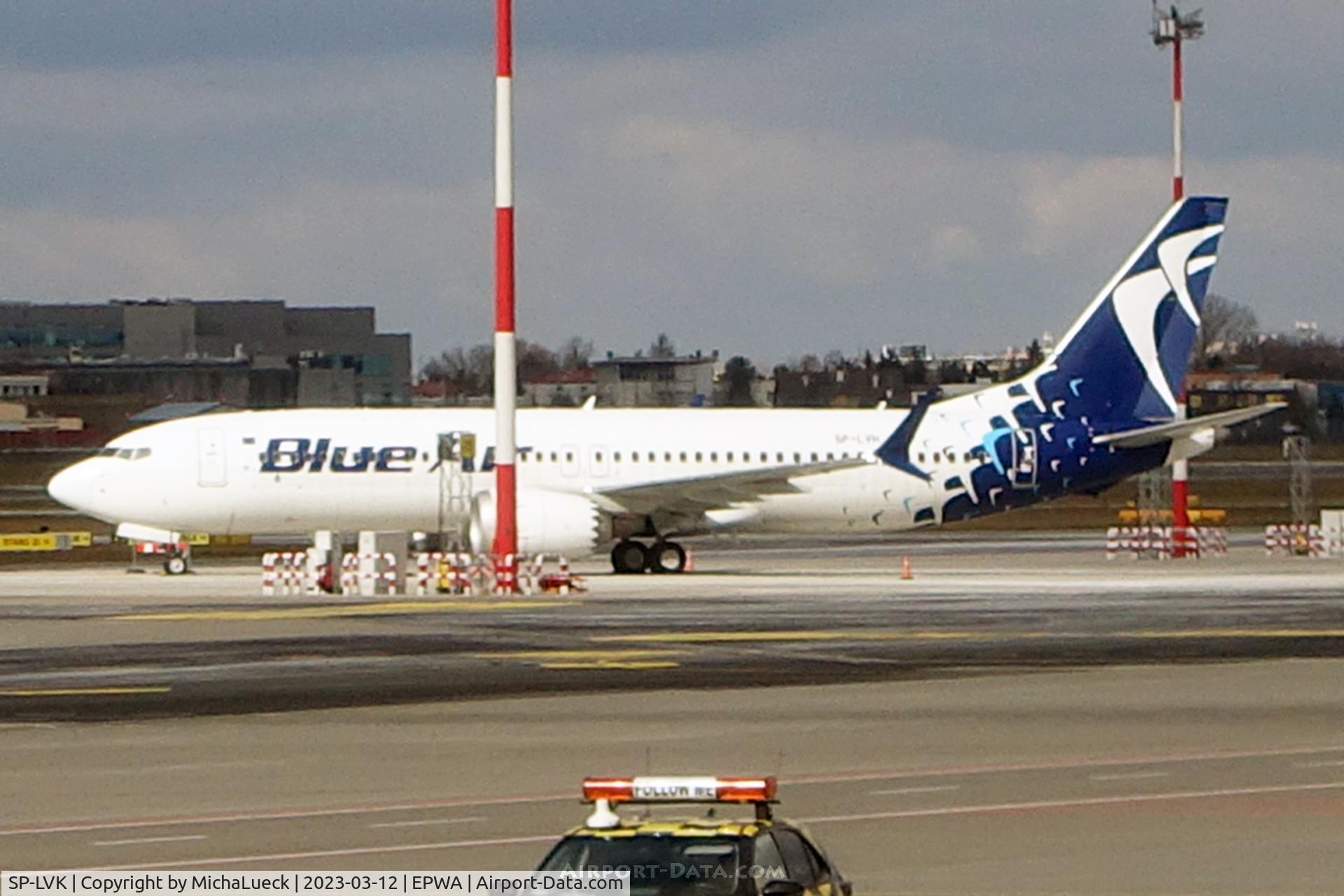 SP-LVK, 2021 Boeing 737-8 MAX C/N 43325, Transition: Still in Romania's Blue Air colours, but already registered in Poland for LOT