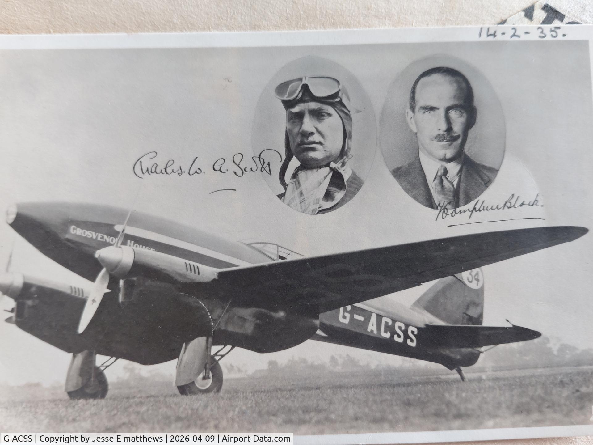 G-ACSS, 1934 De Havilland DH-88 Comet C/N 1996, I believe it was my Grandad Jesse Edmund Matthews who had a keen interest in flying and his business partner Edgar Hilscher, was a pilot and keen aviator. The signed picture was captured by my Grandma Sarah jane matthews