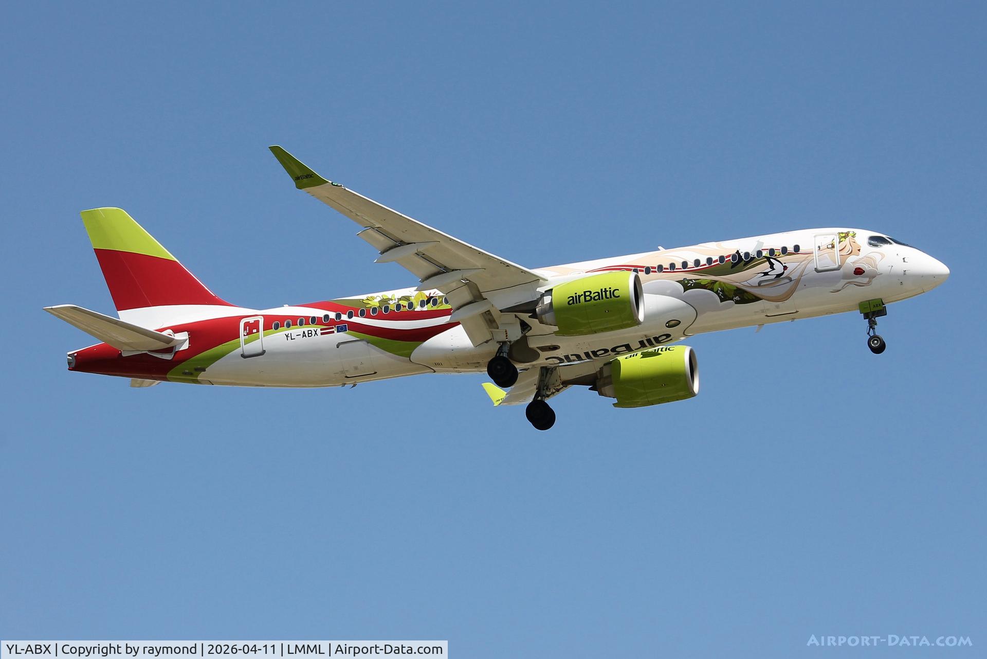 YL-ABX, 2025 Airbus A220-300 C/N 55329, Airbua A220-300 reg YL-ABX in special livery for Air Baltic, seen on short finals for RW13 landing in Malta.