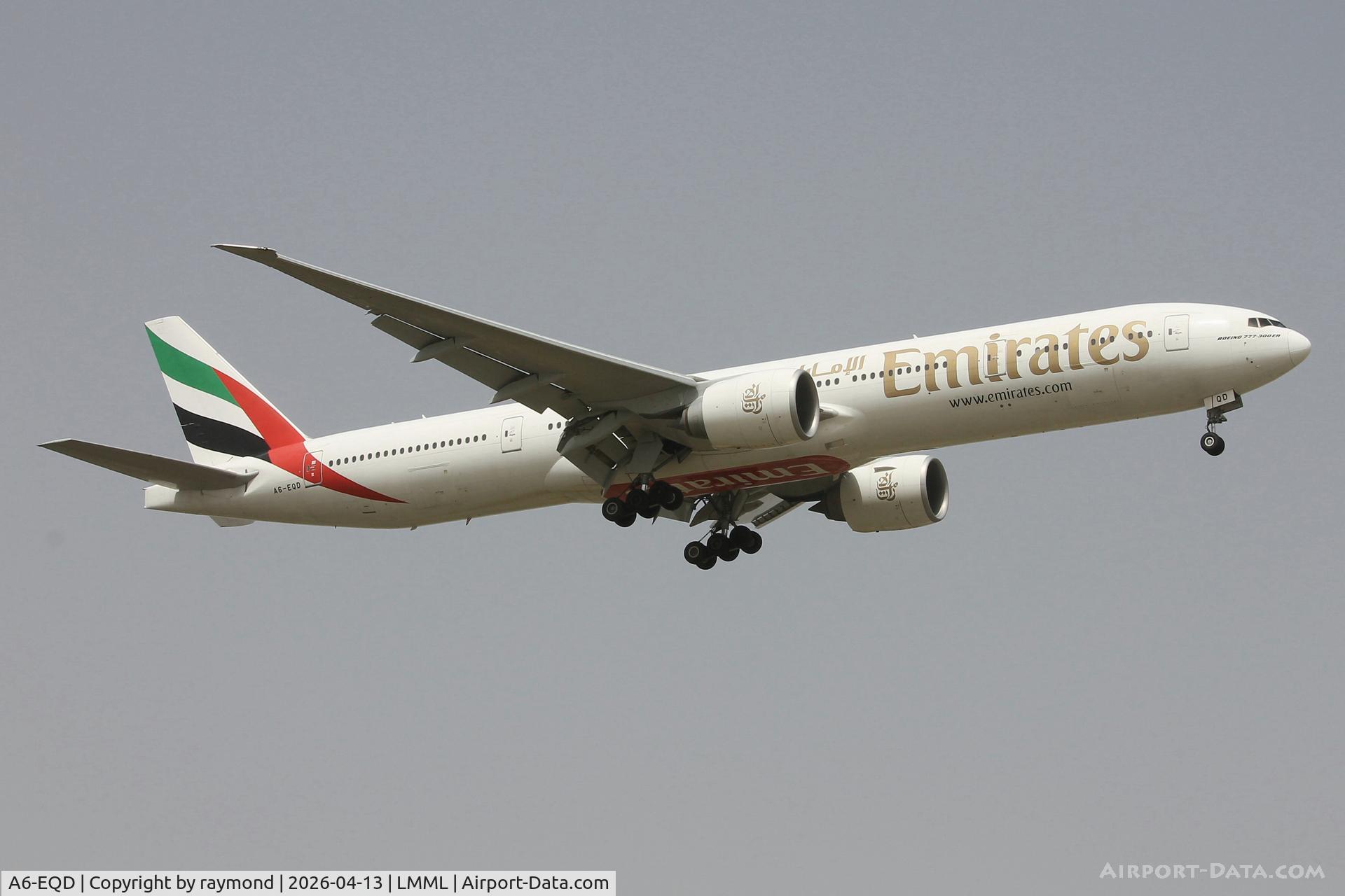 A6-EQD, 2017 Boeing 777-31H/ER C/N 42352, Boeing 777-31H/ER reg A6-EQD of Emirates Airlines approaching RW13 Malta from Larnaca.