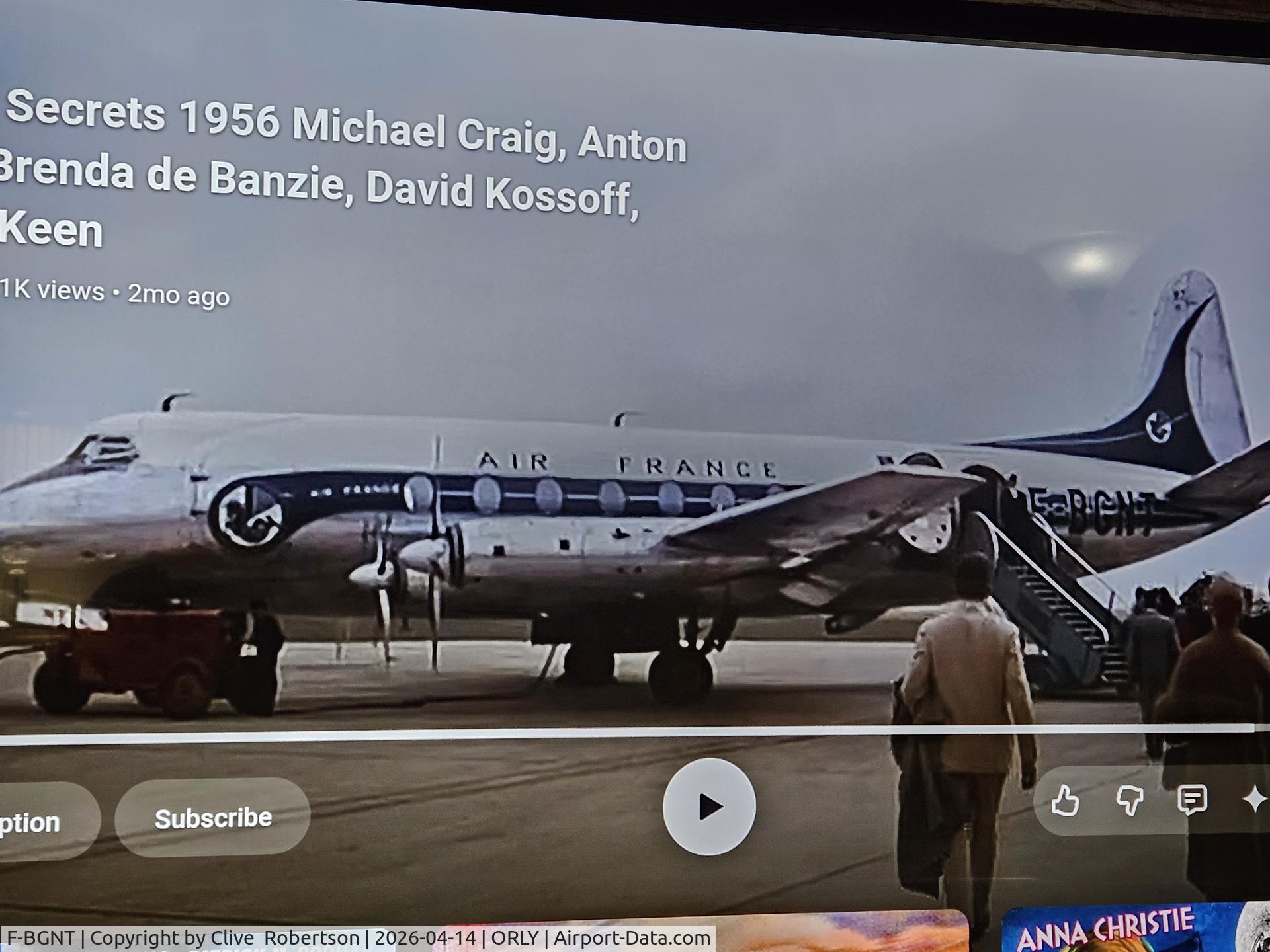 F-BGNT, 1954 Vickers Viscount 708 C/N 37, From film. 1956 House of Secrets.
Orly Airport possibly.
Snapshot taken off TV showing film as above.