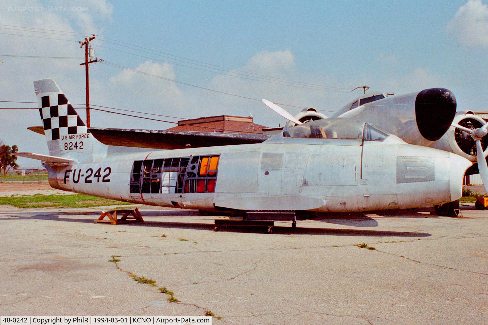 53-1525, 1953 North American F-86H Sabre C/N 203-297, 48-0242 1948 NA F-86A Sabre USAF Planes of Fame Chino 03.94.jpg