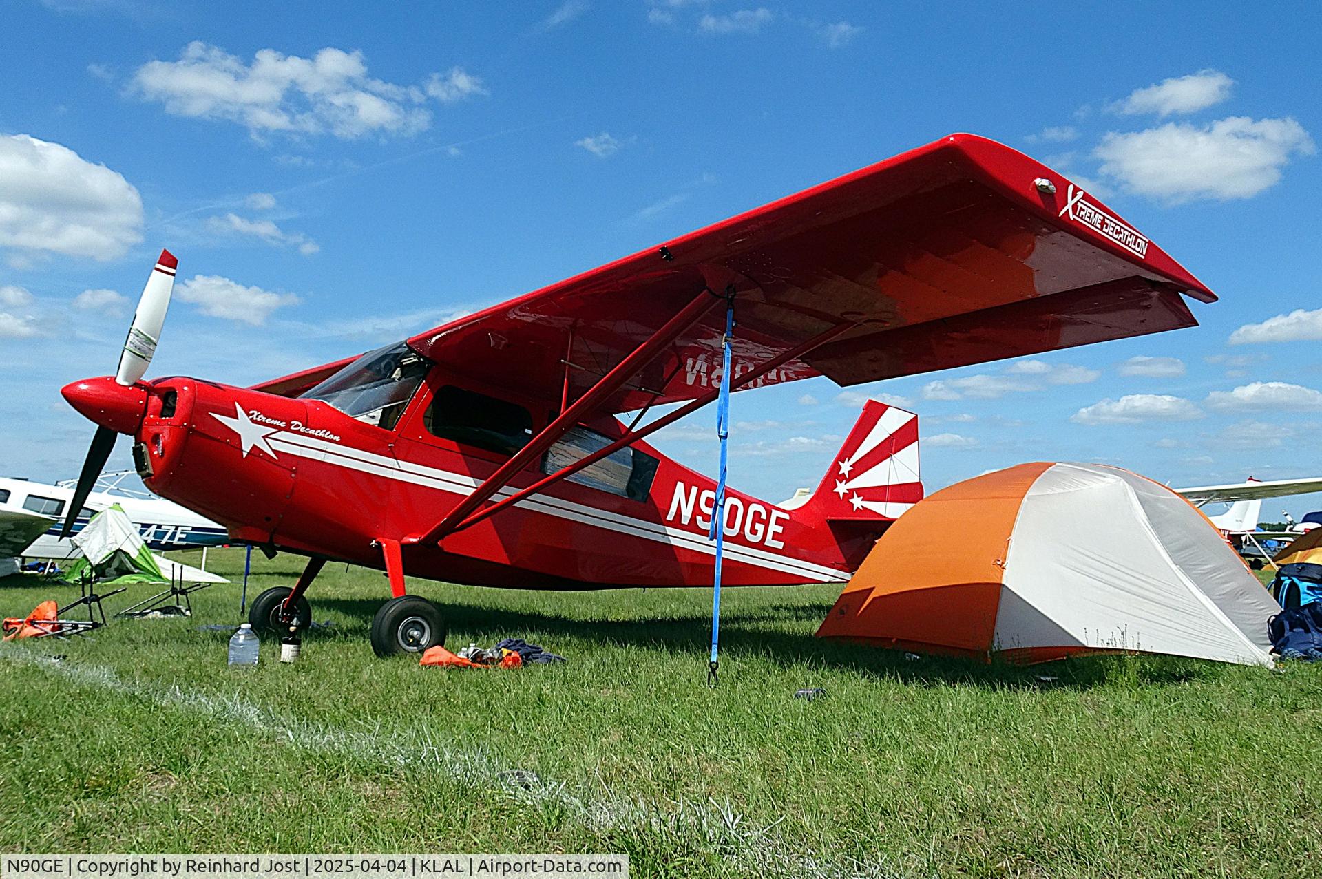 N90GE, 2018 American Champion 8KCAB Decathlon Decathlon C/N 1174-2018, With Xtreme Decatlon titles in typical Sun n Fun setting at Lakeland, FL