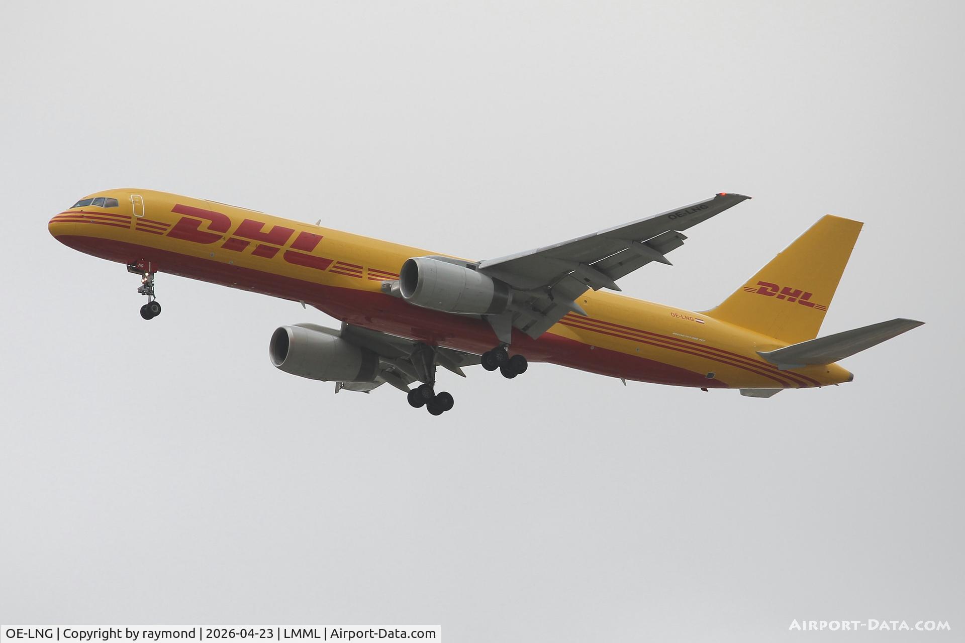 OE-LNG, Boeing 757-28A(PCF) C/N 28161, Boeing 757-28A(PCF) reg OE-LNG of DHL Austria on long finals for RW13 landing in Malta.