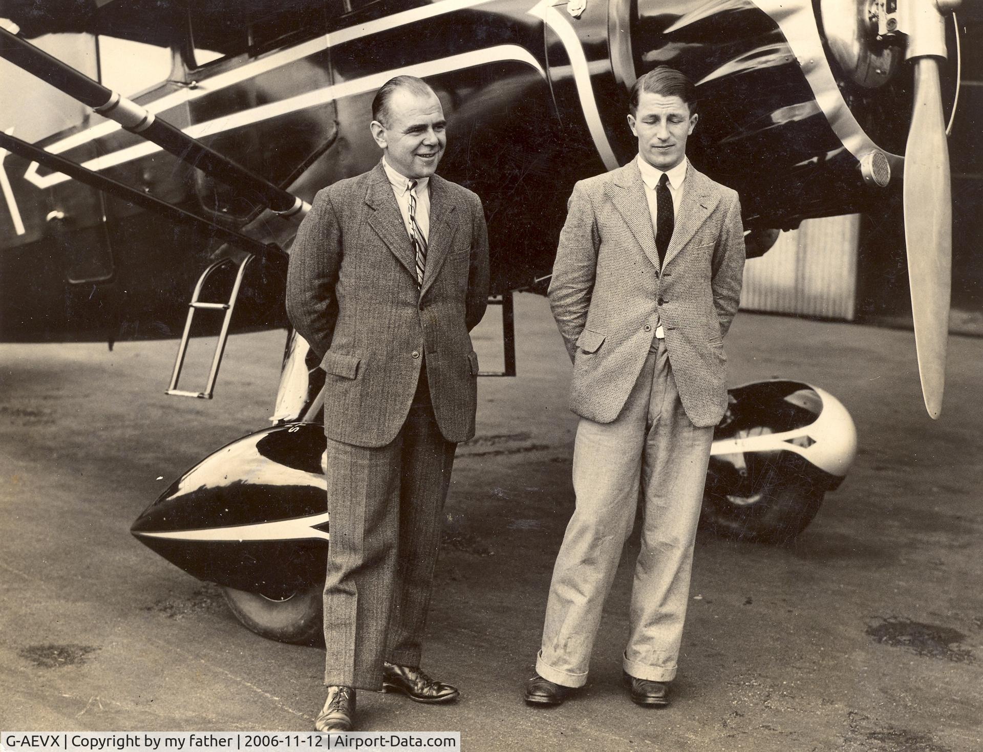 G-AEVX, Stinson SR-9B Reliant C/N 5156, Tis is from our family album. My paternal grandfather, Brian Allen, is on the left. I do not know who the other man is. Possibly the purchaser. This was taken at Croydon - date unknown.