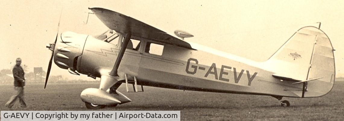 G-AEVY, Stinson SR-9D Reliant C/N 5253, The man is my paternal grandfather, Brian Allen. He was an agent for Stinson in the 1930s. This was at Croydon, I do not know the date, the family album had no details.