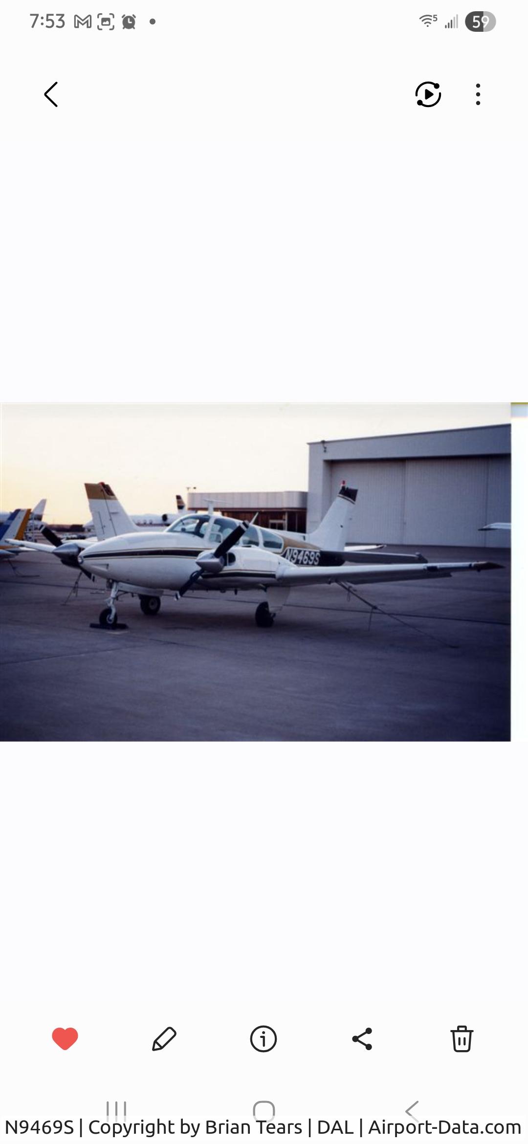 N9469S, 1966 Beech C55 Baron (95-C55) C/N TE-67, N9469S at Dallas Love Field circa 1991.