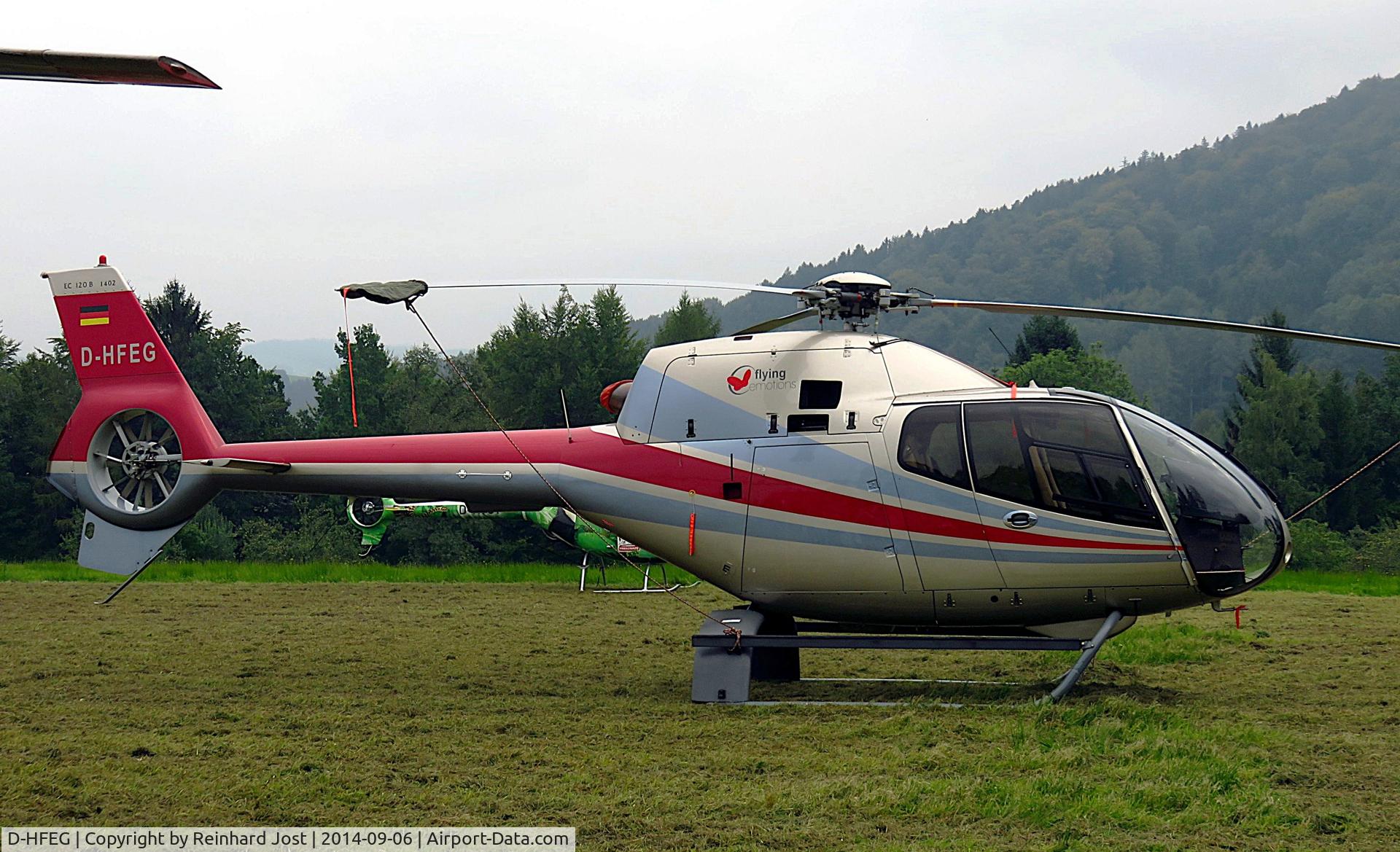 D-HFEG, 2005 Eurocopter EC-120B Colibri C/N 1402, D-HEFG with Flying Emotions titles at the Helidays 2014 at Franzl im Holz near Gmunden, Austria