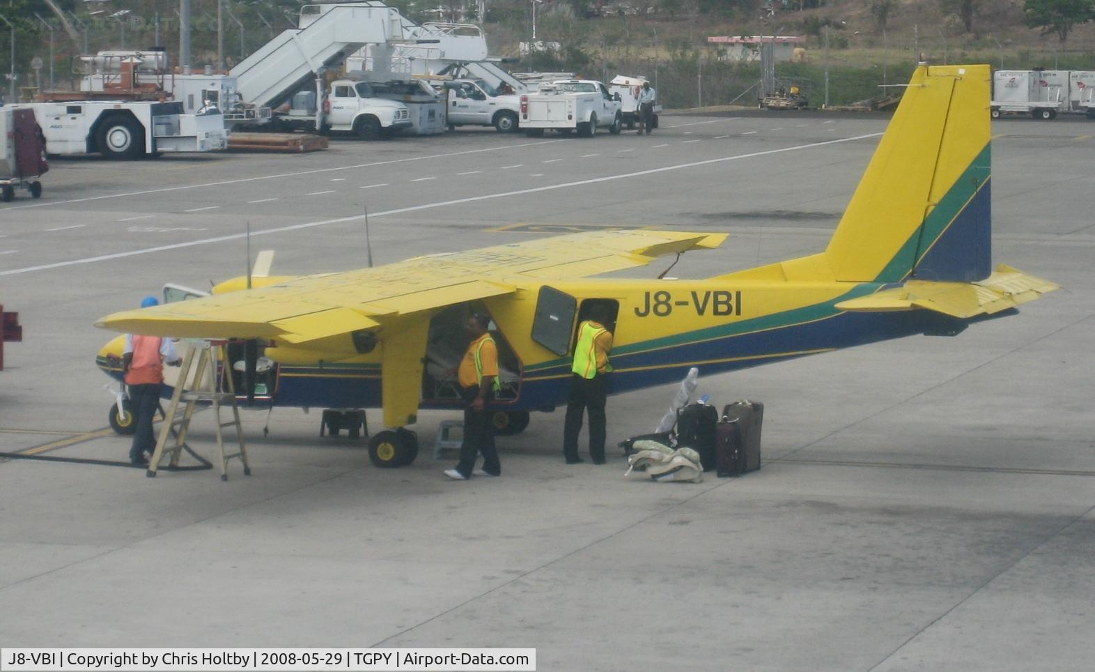 J8-VBI, Britten-Norman BN-2B-26 Islander C/N 2025, Parked for unloading at Grenada Int. Airport