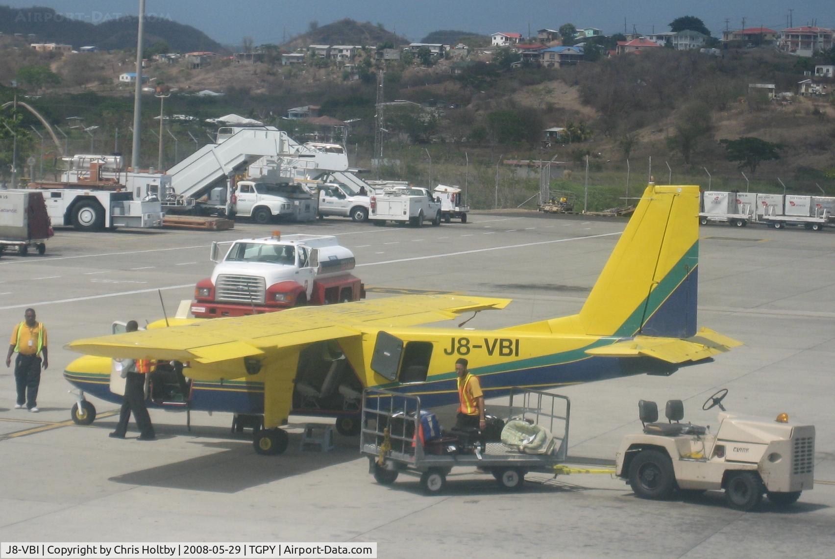 J8-VBI, Britten-Norman BN-2B-26 Islander C/N 2025, Being unloaded at Grenada Airport