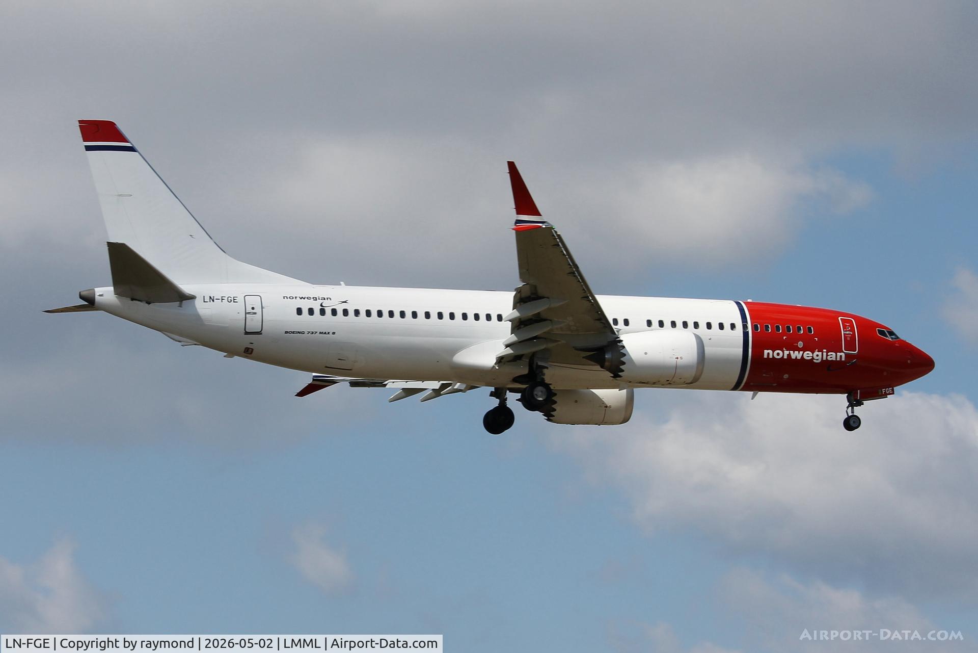 LN-FGE, 2021 Boeing 737-8 MAX, c/n 63560 l/n 8141, Boeing 737- 8 MAX reg LN-FGE of Norwegian Air Shuttle landing in Malta.