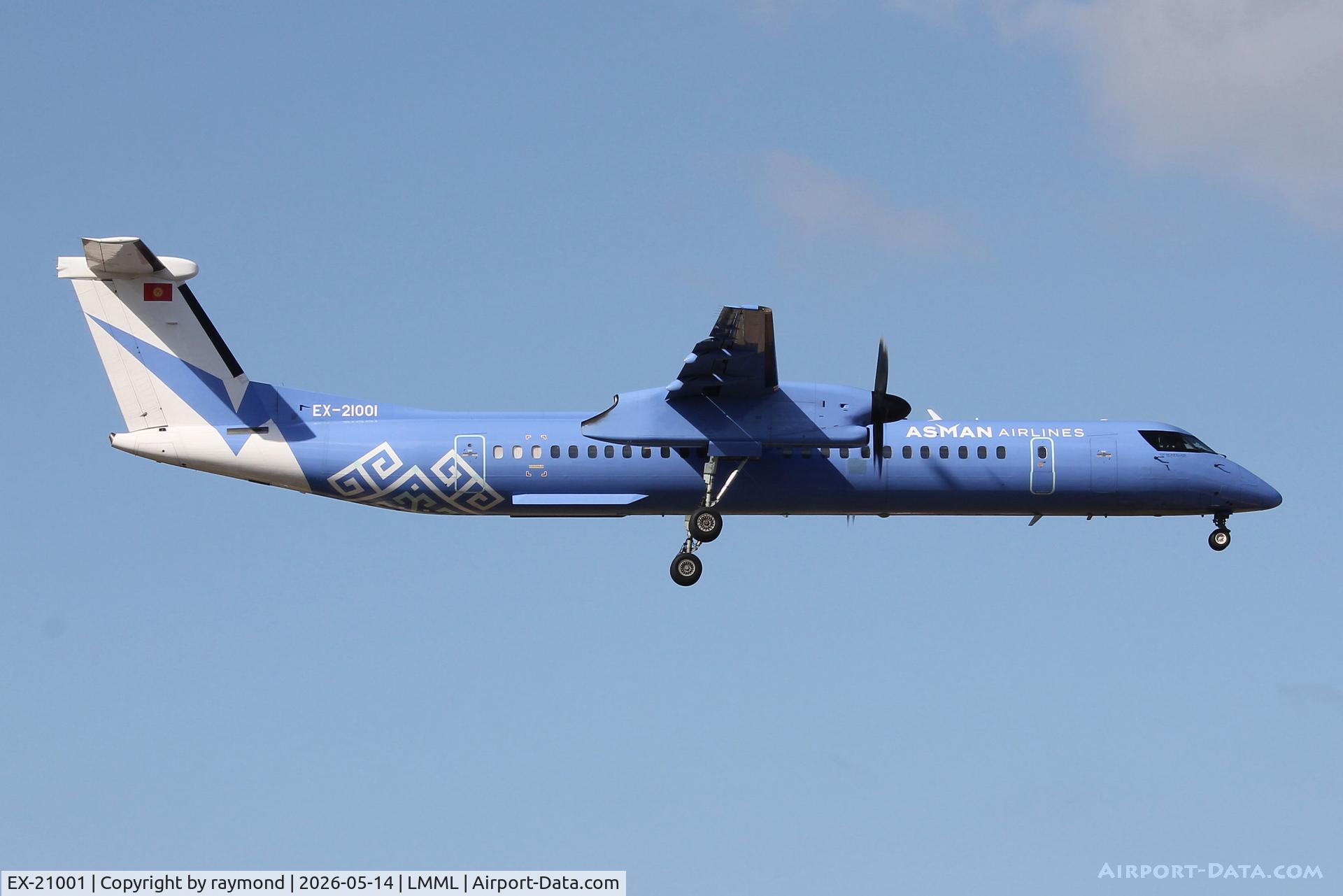 EX-21001, Bombardier DHC-8-402Q Dash 8 Dash 8, c/n 4457, Bombardier DHC-8-402Q Dash 8 reg EX-21001 of Asman Airlines landing in Malta to receive maintenance from Medavia Facilities.