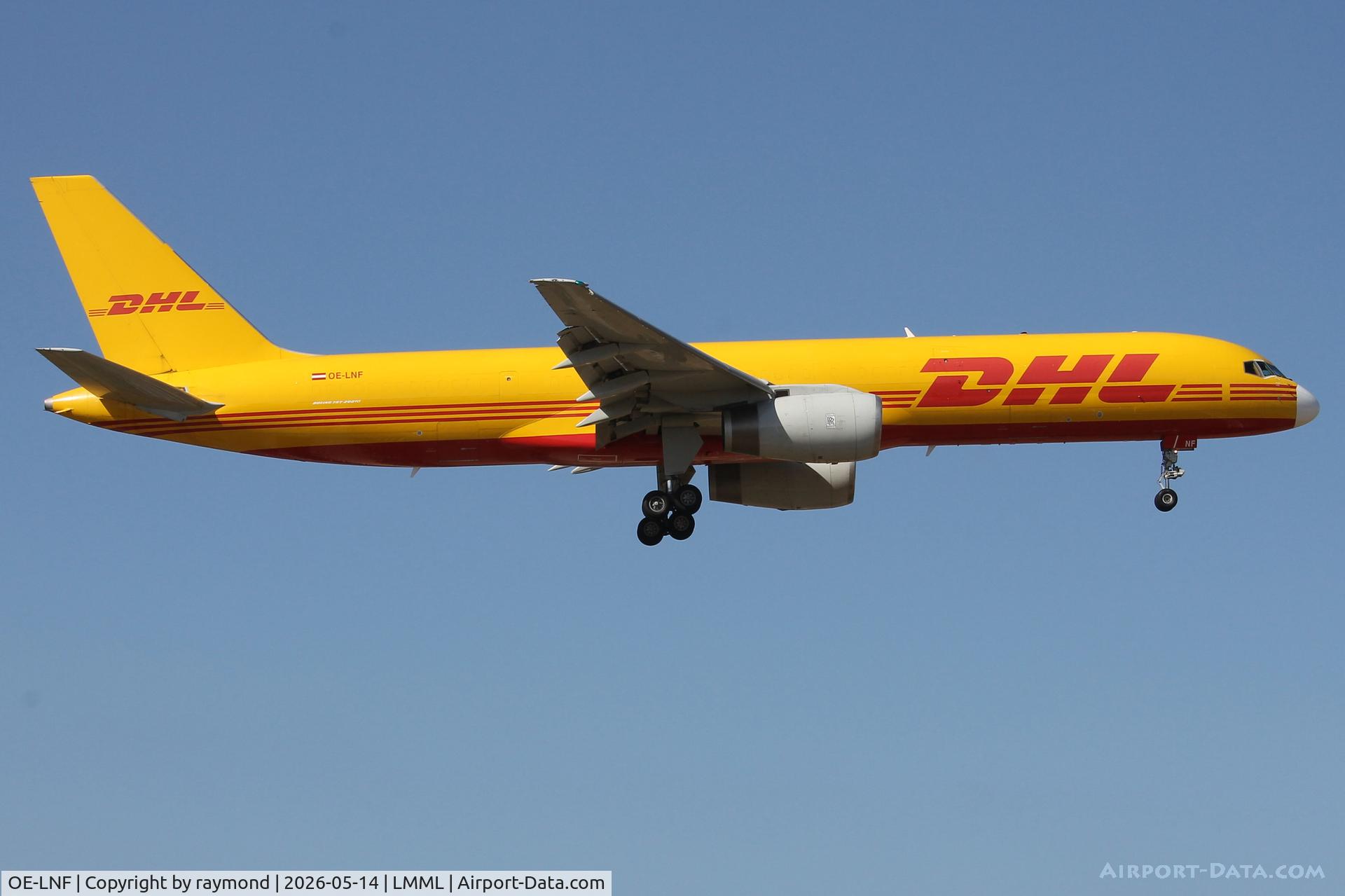OE-LNF, 1999 Boeing 757-236/PCF, c/n 29945 l/n 873, Boeing 757-236(PCF) reg OE-LNF of DHL Austria on final approach for RW31 Malta.