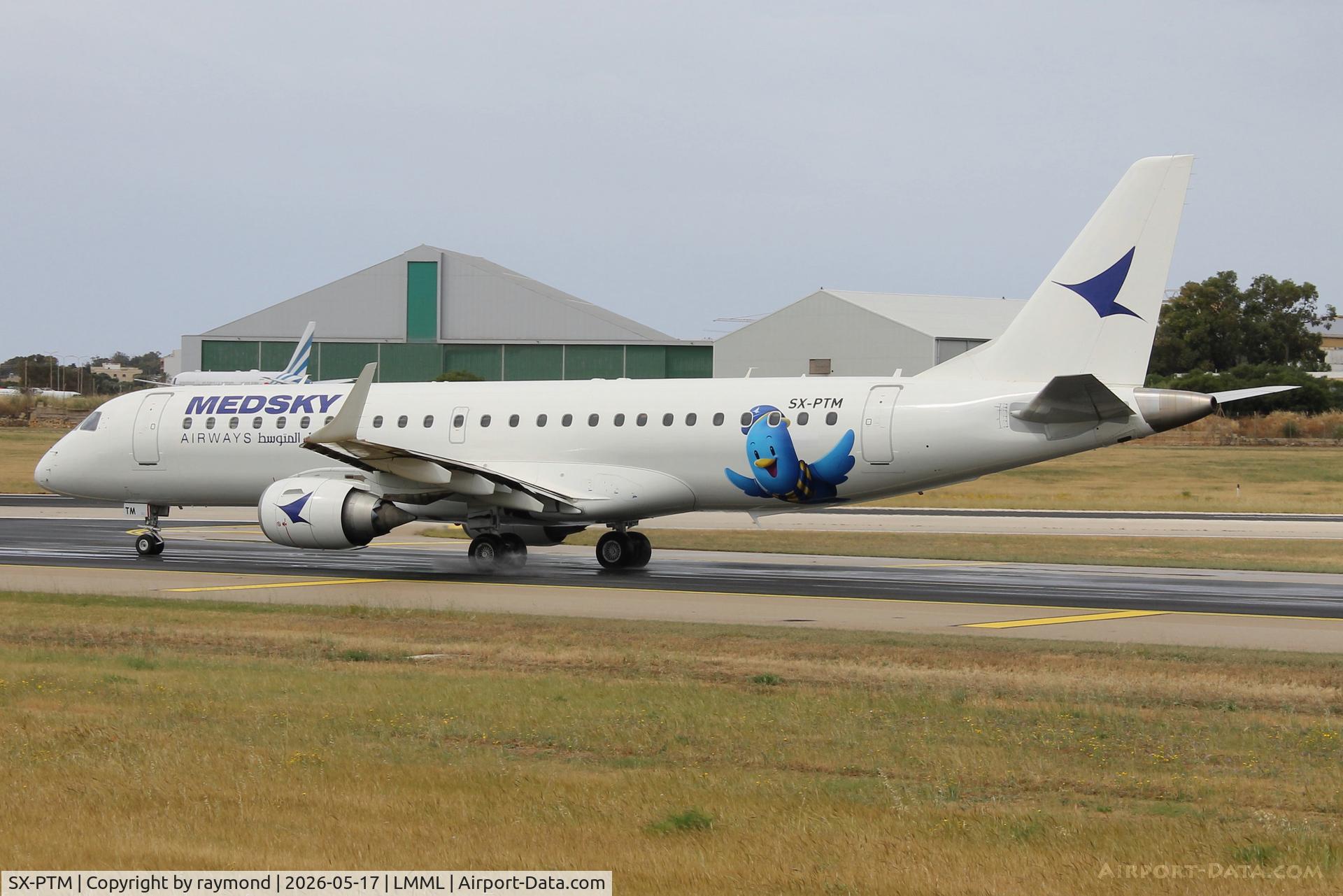 SX-PTM, 2008 Embraer 190SR (ERJ-190-100SR), c/n 19000163, Embraer 190SR reg SX-PTM of Medsky taxiing out for departure to Mitiga, Libya.