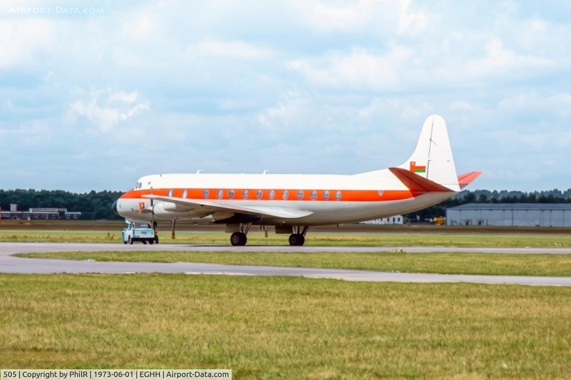 505, 1958 Vickers Viscount 808, c/n 421, 505 1958 Vickers V808 Viscount OmanAF Hurn c1973.jpg

