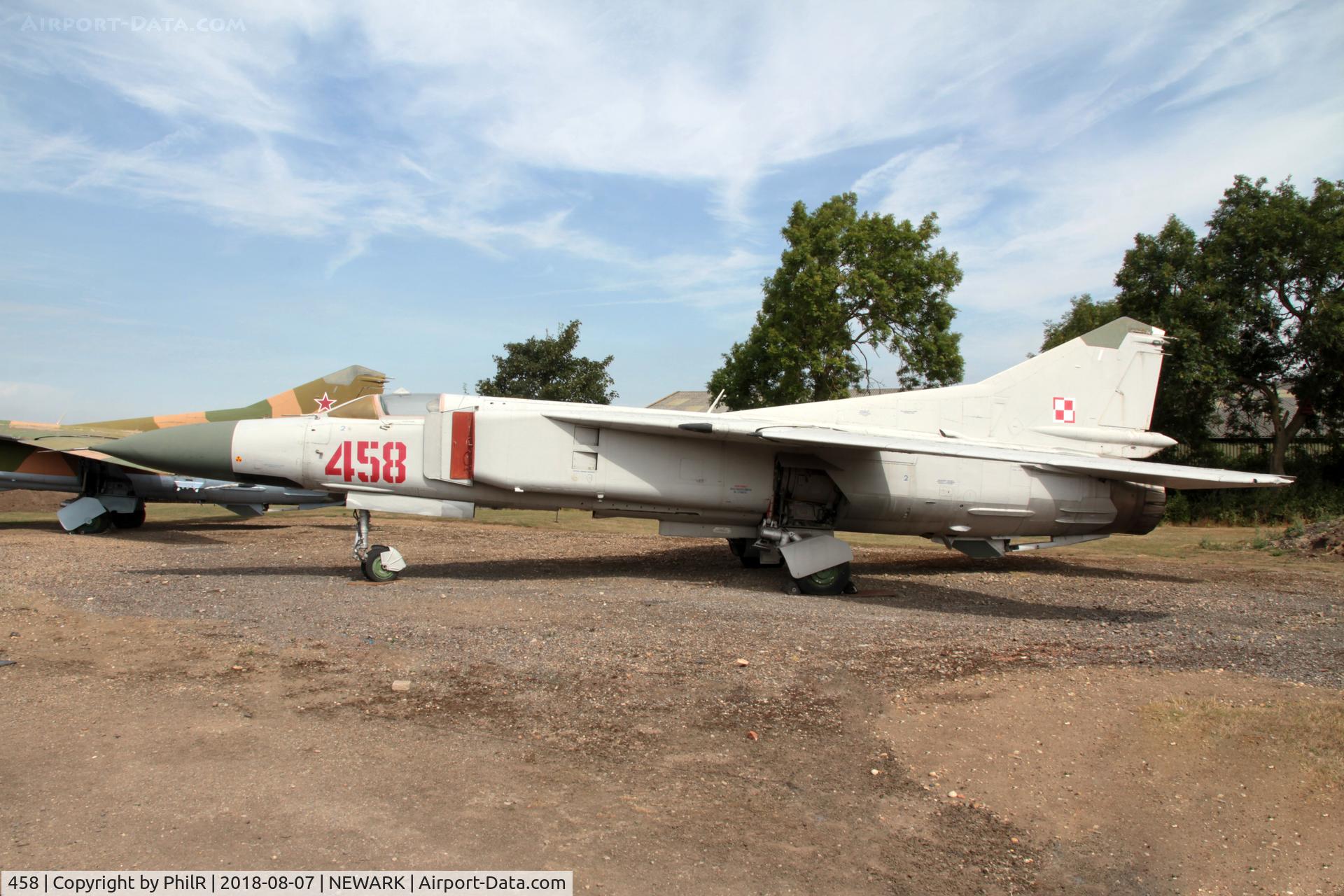 458, Mikoyan-Gurevich MiG-23ML, c/n 024003607, 458 (024003607-07) late 1960s Mikoyan-Gurevich Mig-23ML 'Flogger' PolAF Newark Air Museum 
