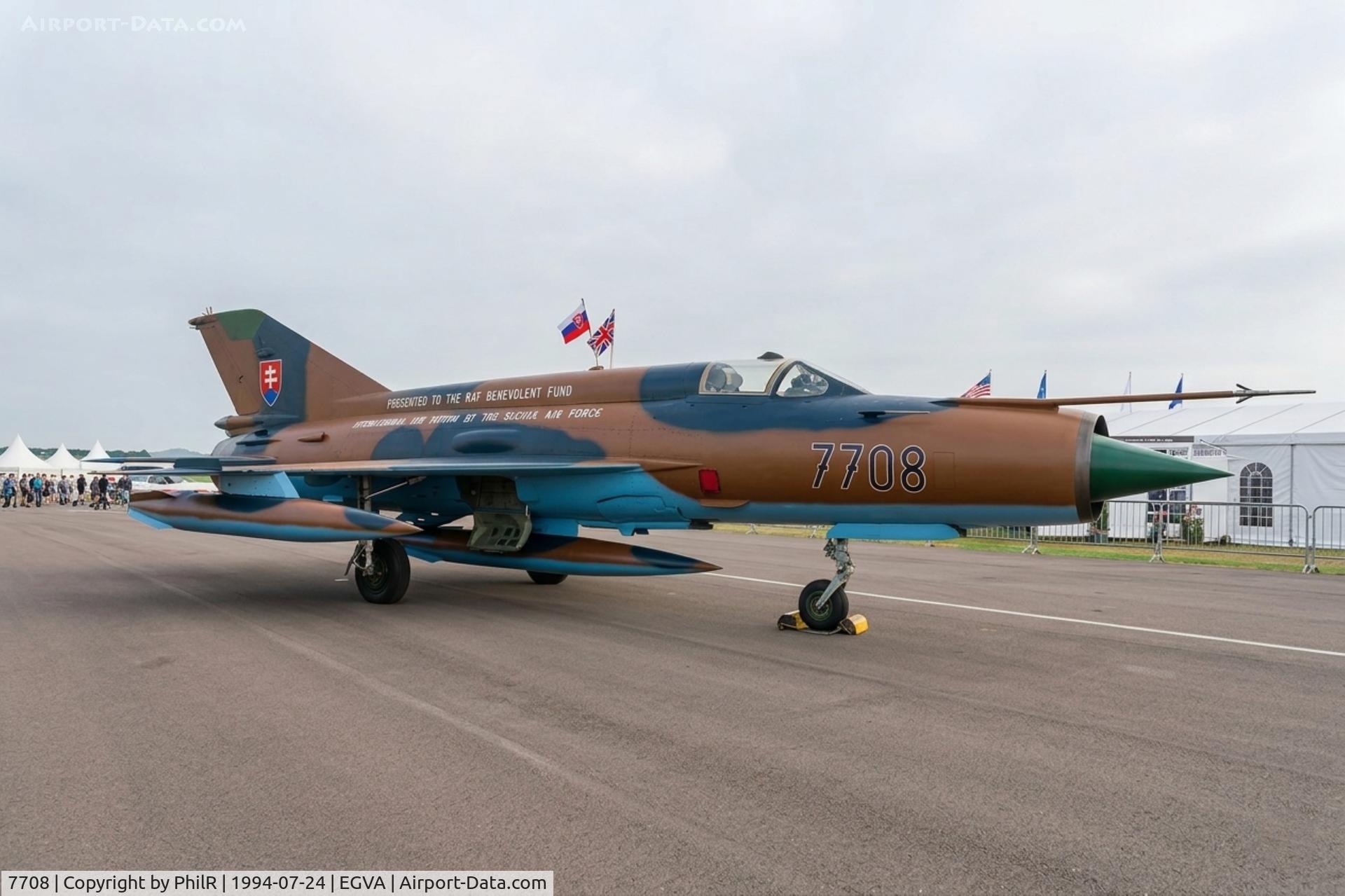7708, Mikoyan-Gurevich MiG-21MF, c/n 967708, 7708 MiG-21MF Fishbed SlovakAF Gift to RAFBF IAT
