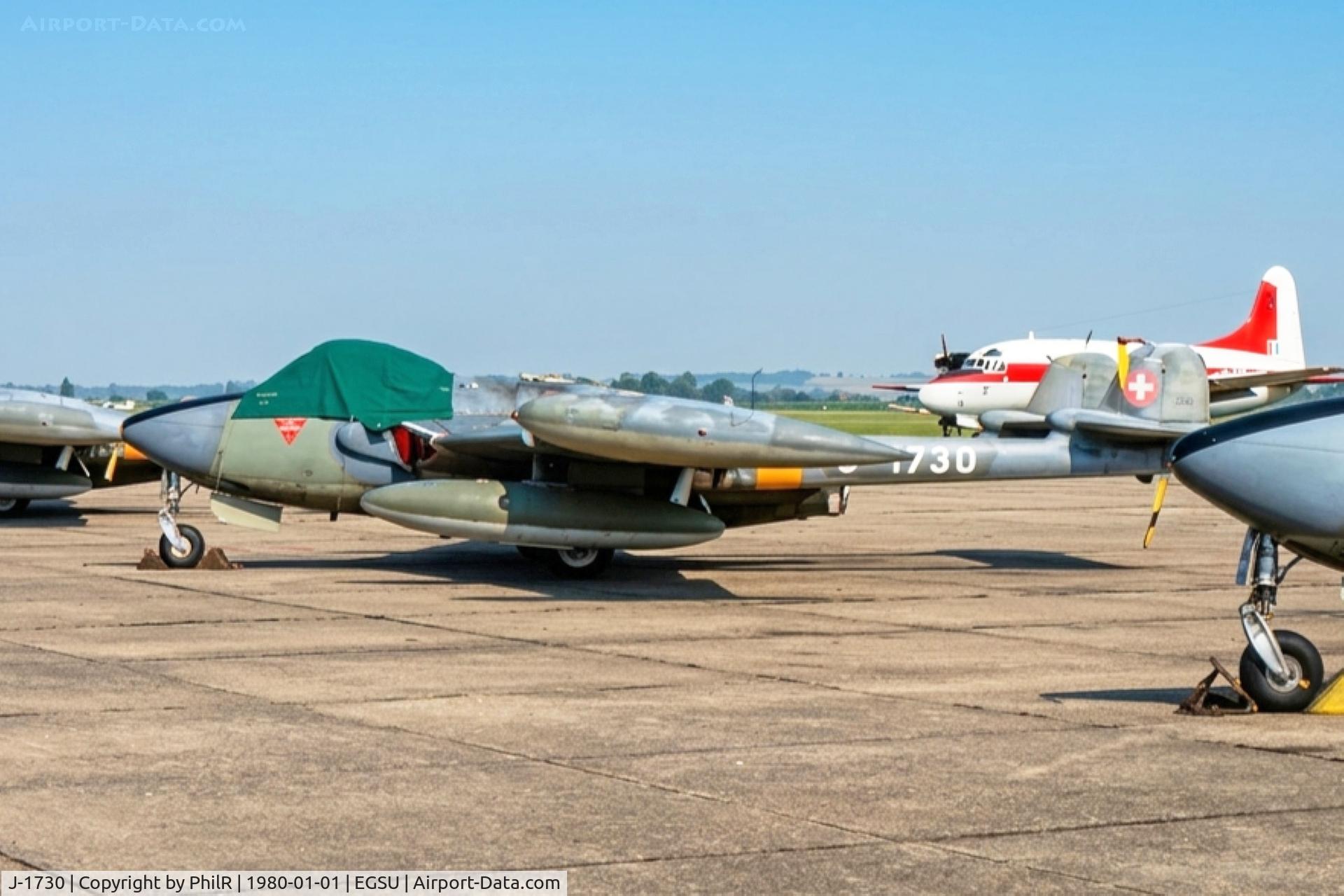 J-1730, 1957 De Havilland (F+W Emmen) DH-112 Venom FB.54, c/n 900, J-1730 (G-BLIA) 1957 DH112 Venom FB4 SwissAF IWM Duxford c1980 
