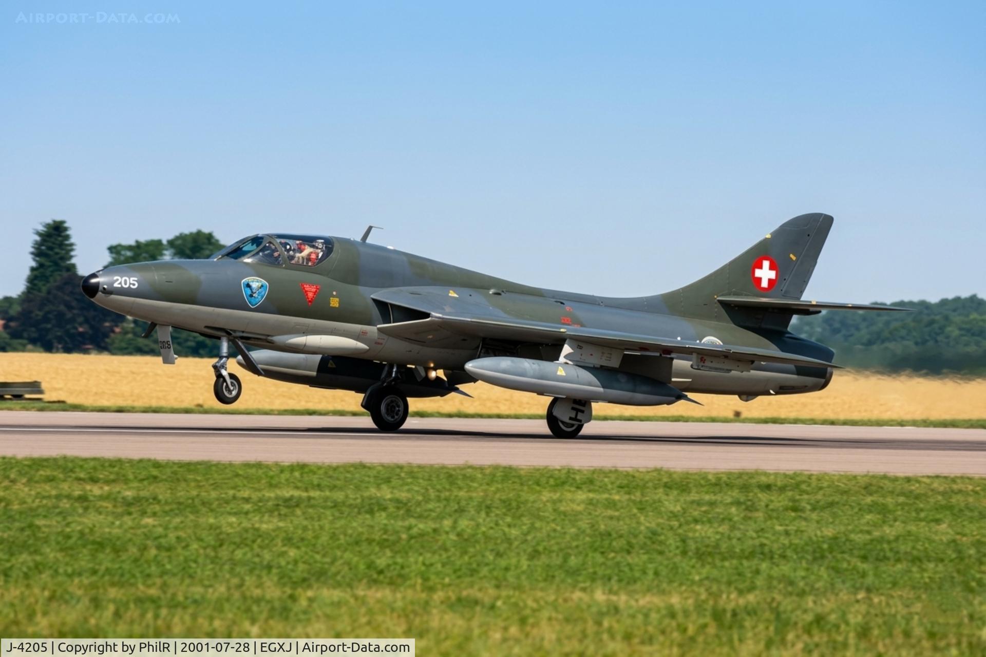 J-4205, 1976 Hawker Hunter T.68, c/n HABL-003221, J-4205 1959 Hawker Hunter T58 SwissAF RIAT Cottesmore 28.07.01(1).JPG
