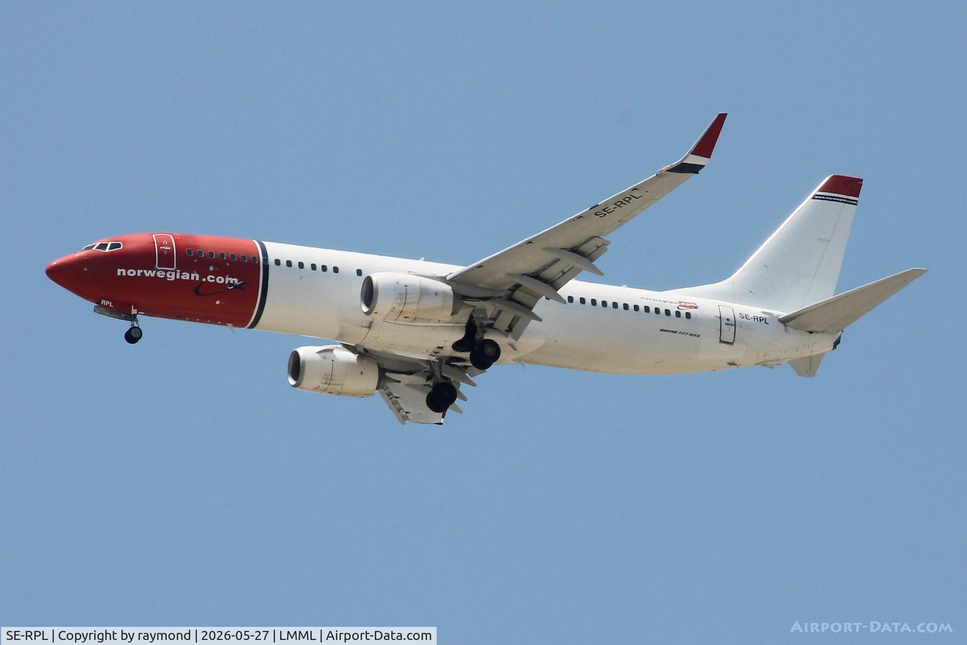 SE-RPL, 2016 Boeing 737-8JP, c/n 42080 l/n 6071, Boeing 737-8JP reg SE-RPL of Norwegian Air Shuttle on approach for RW31 at Malta.