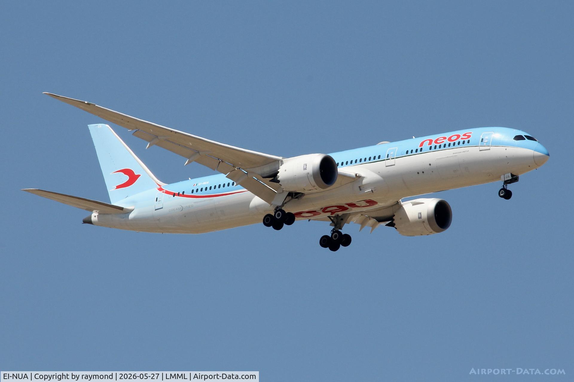 EI-NUA, 2019 Boeing 787-9 Dreamliner, c/n 65314, Boeing 787-9 of Neos reg EI-NUA on approach for RW13 Malta.
