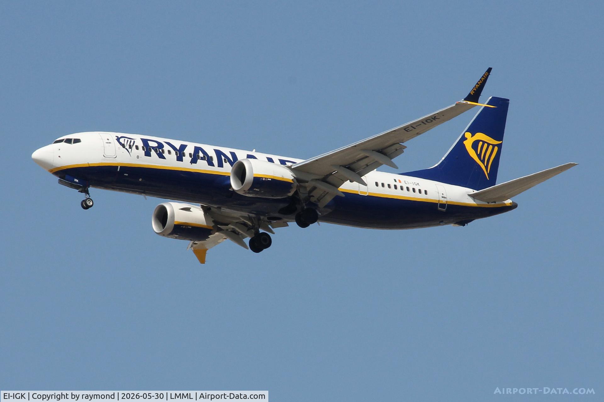 EI-IGK, 2023 Boeing 737-8-200 MAX, c/n 67075 l/n 8564, Boeing 737-8200 MAX reg EI-IGK of Ryanair on approach for RW13 landing in Malta.