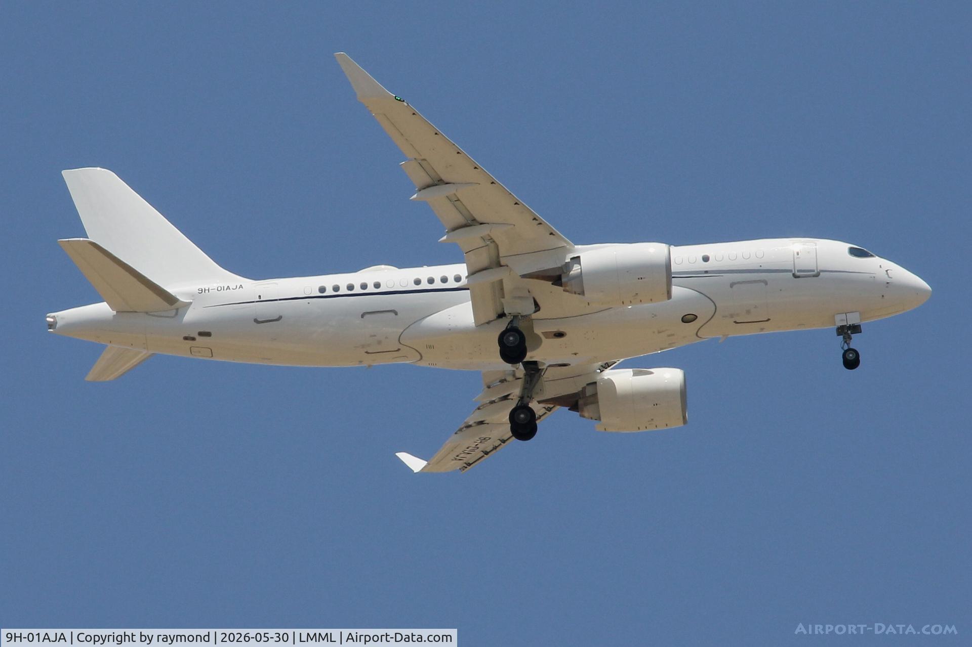 9H-01AJA, Airbus 220-100, c/n 50078, Airbus A220-100(ACJ) reg 9H-01AJA of Comlux Aviation on a long approach for RW13 landing in Malta.