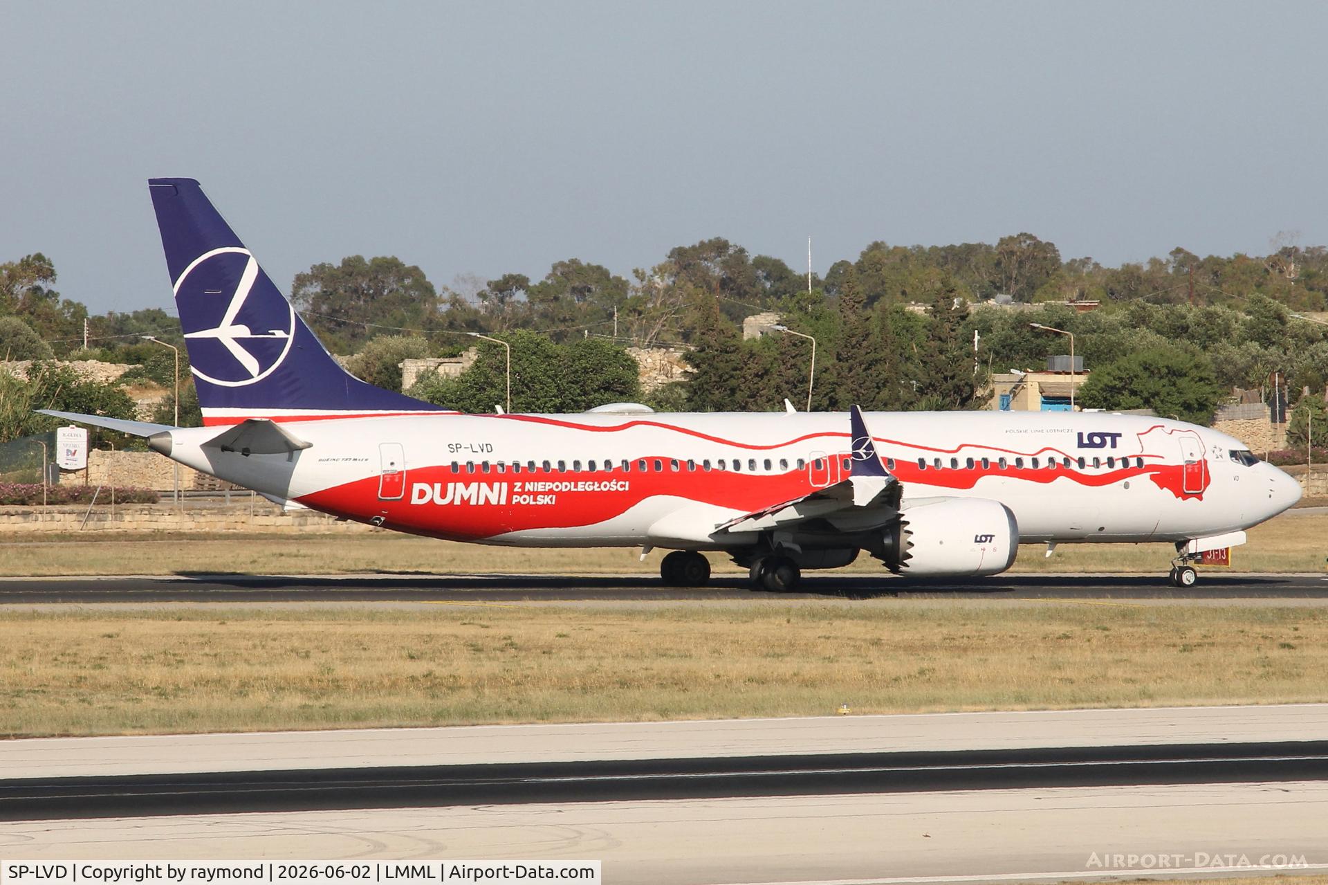 SP-LVD, 2018 Boeing 737-8 MAX, c/n 64069 l/n 7013, Boeing 737-8200 MAX reg SP-LVD (Independence Livery) of LOT Polish Airlines taxiing out for departure from Malta to Warsaw.