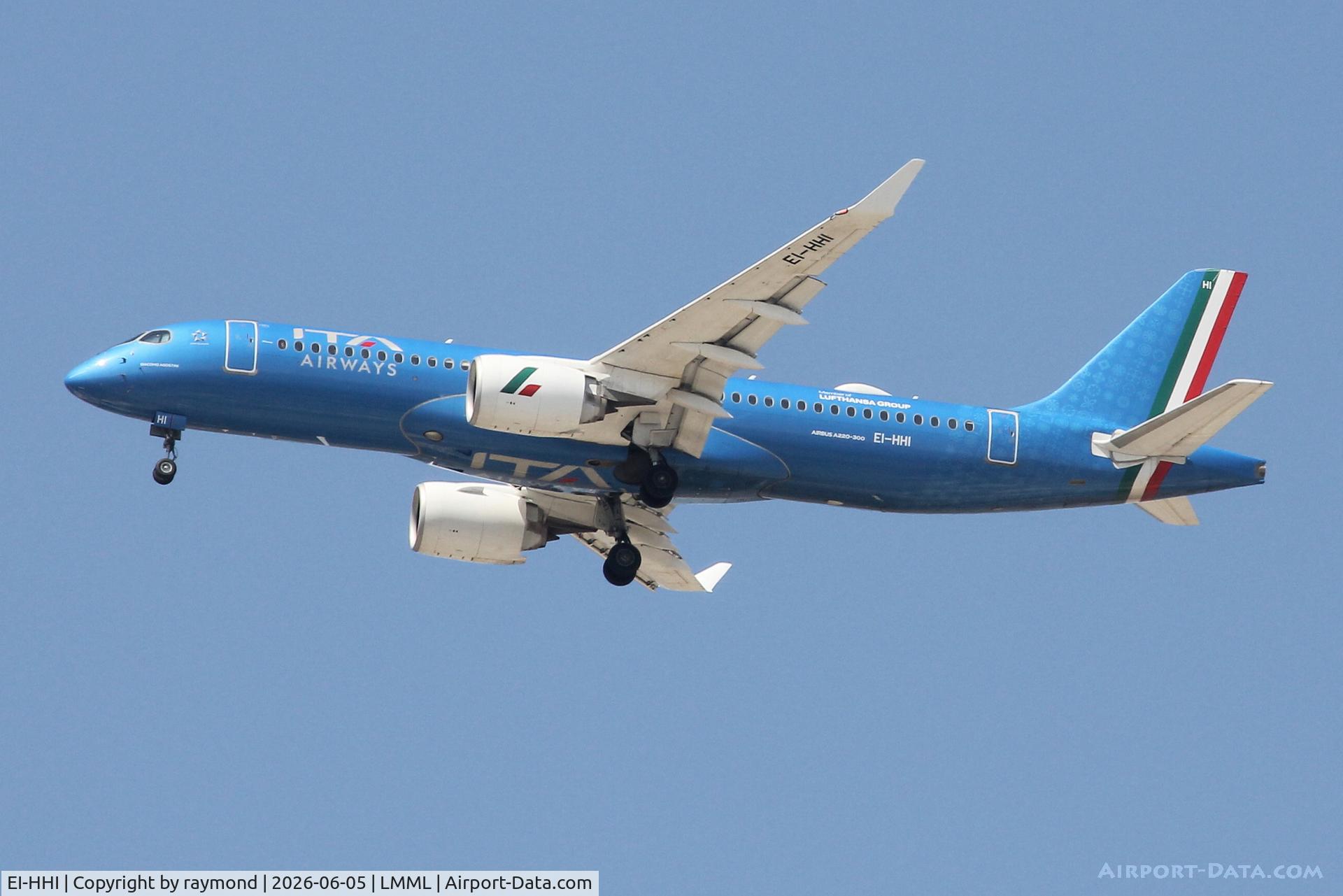 EI-HHI, 2022 Airbus A220-371, c/n 55168, Airbus A220-371 reg EI-HHI of ITA on approach for RW13 landing in Malta from Rome.