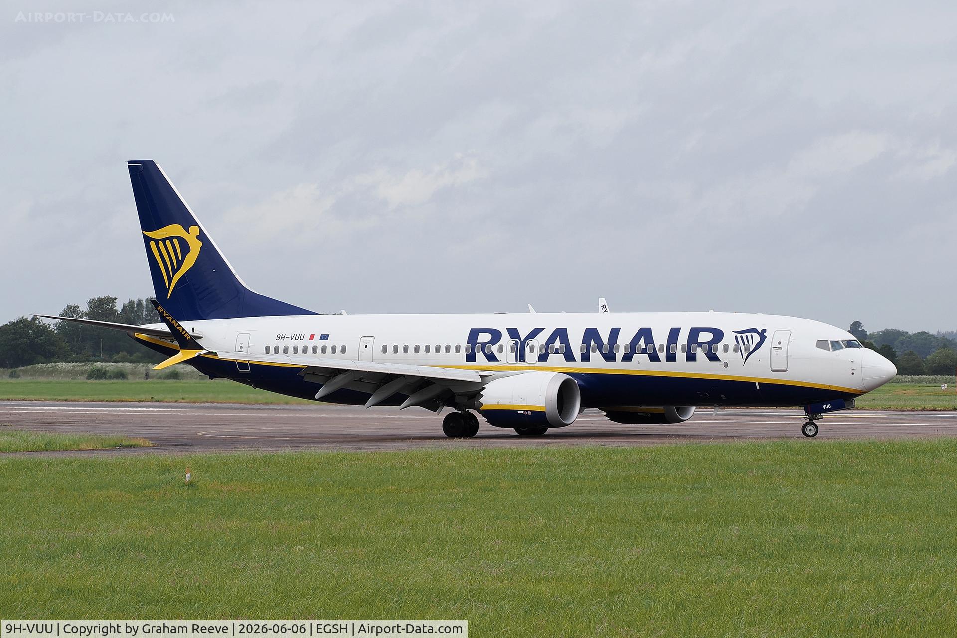 9H-VUU, 2021 Boeing 737-8-200 MAX, c/n 65883 l/n 8106, Just landed at Norwich.