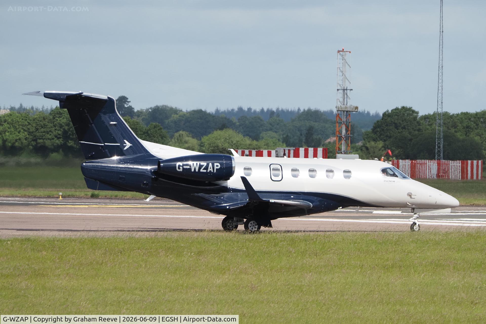 G-WZAP, 2017 Embraer EMB-505 Phenom 300, c/n 50500438, Departing from Norwich.