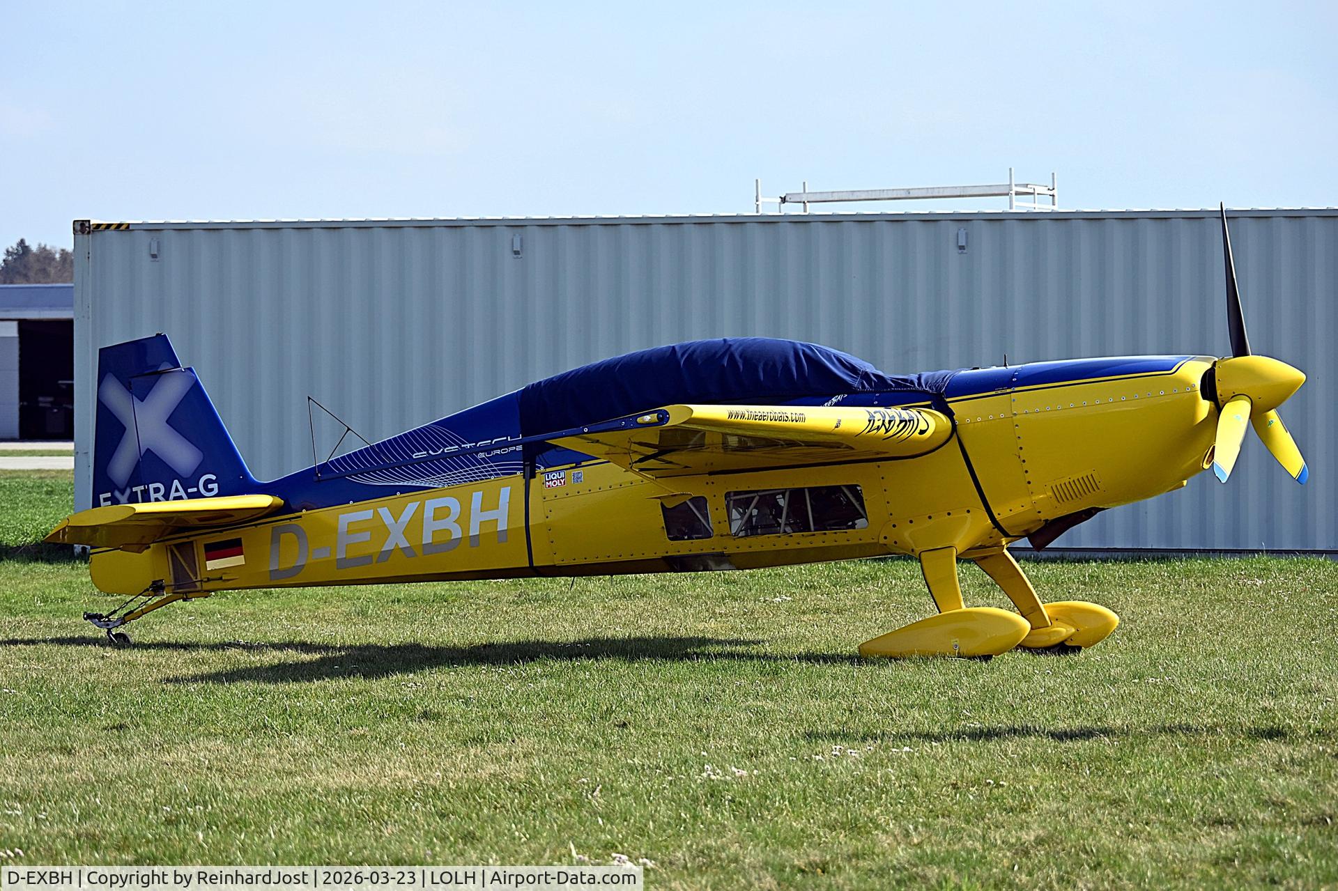 D-EXBH, 1995 Extra EA-300, c/n 057, D-EXBH with Extra-G titles during maintenance at Hofkirchen, Austria