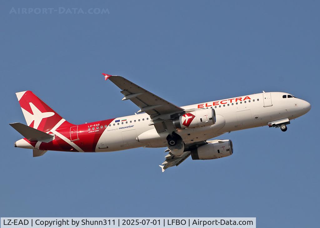LZ-EAD, 2006 Airbus A320-232, c/n 2717, Climbing after take off from rwy 32R... additional 'operated by Nouvelair' titles on rear fuselage