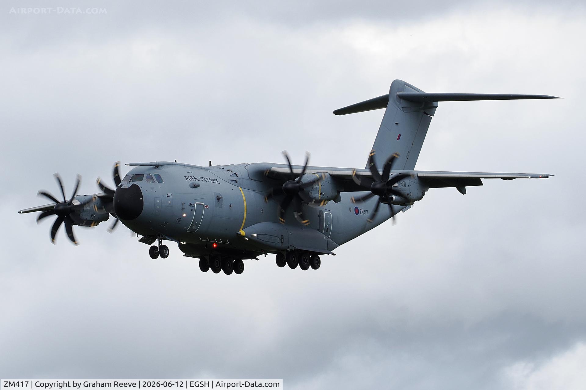 ZM417, 2017 Airbus A400M Atlas C.1, c/n 060, On approach to Norwich.
