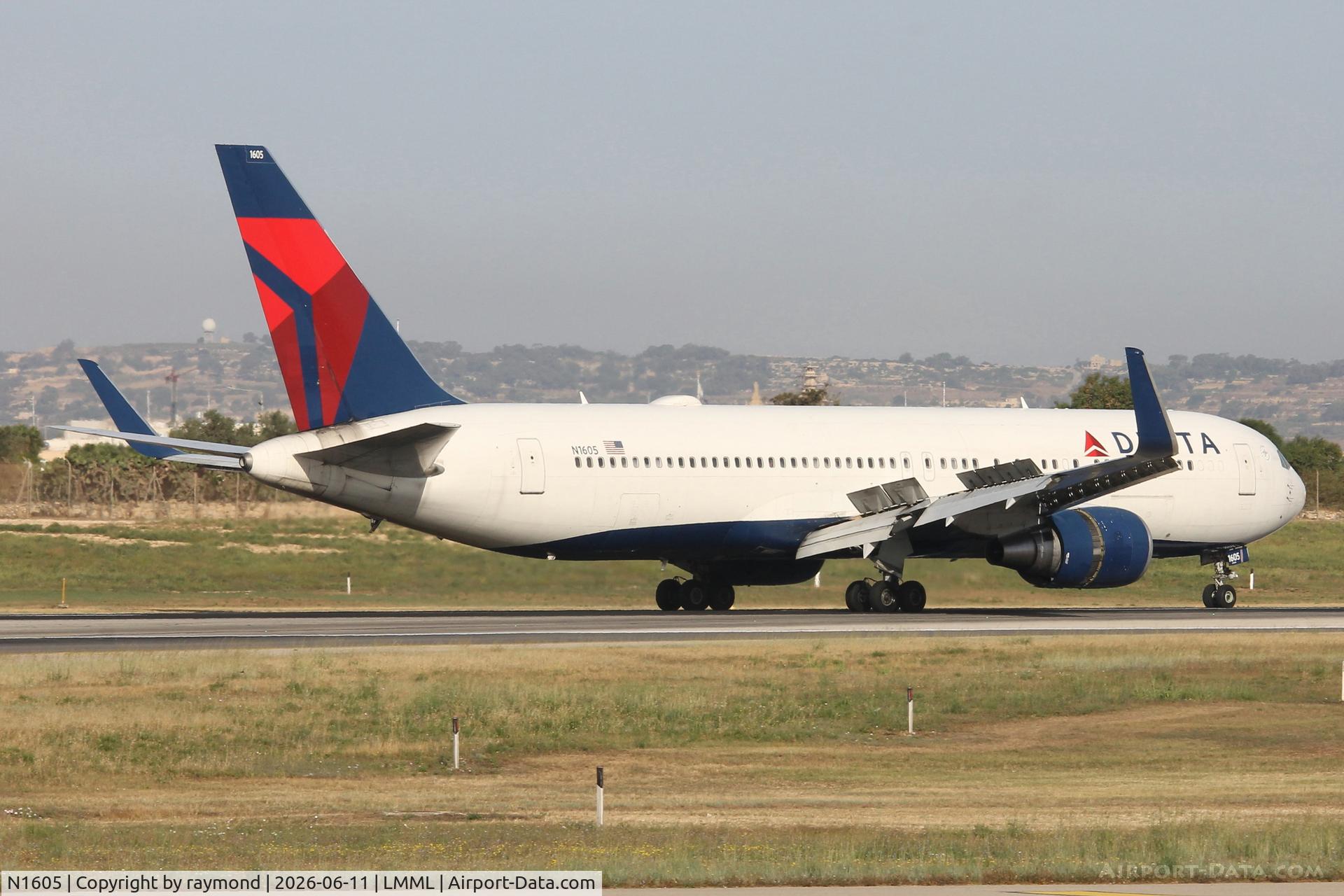 N1605, 1999 Boeing 767-332, c/n 30198, Boeing 767-332 reg N1605 of Delta Air Lines slowing down on the runway, arriving in Malta from JFK.