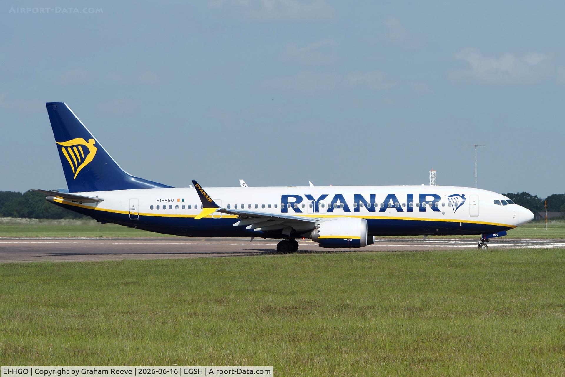 EI-HGO, 2021 Boeing 737-8200, c/n 65879, Departing from Norwich.