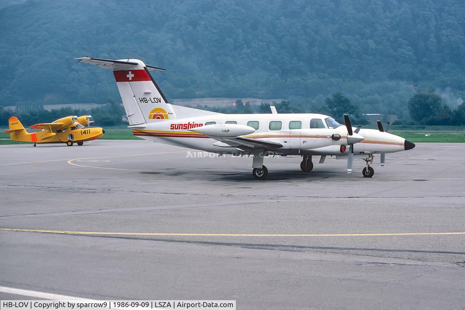 HB-LOV, 1981 Piper PA-42 Cheyenne III, c/n 42-8001057, Parked at Lugano-Agno airpoert. Scanned from a slide.