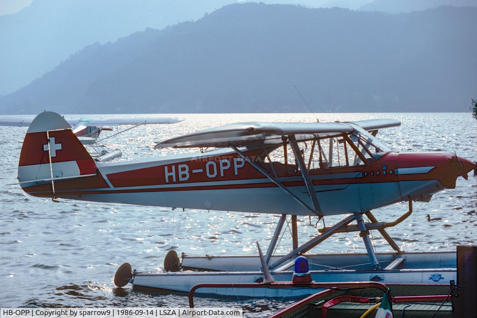 HB-OPP, 1957 Piper PA-18-150 Super Cub, c/n 18-5784, SPAS-Fly-in Morcote, near Lugano. Scanned from a slide.