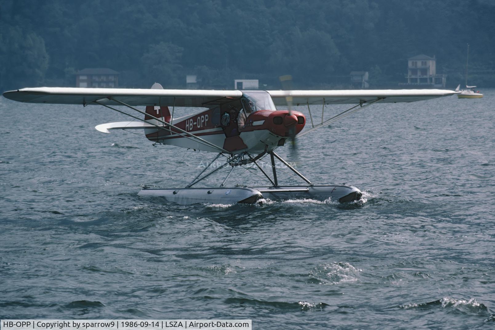 HB-OPP, 1957 Piper PA-18-150 Super Cub, c/n 18-5784, SPAS-Fly-in Morcote, near Lugano. Scanned from a slide