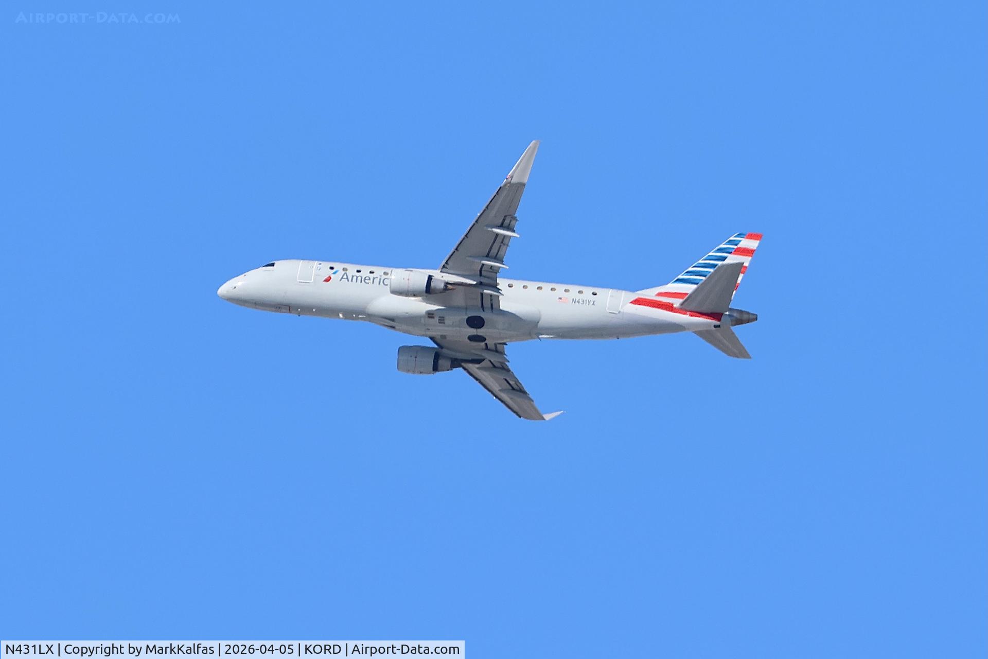 N431LX, , E75L Republic Airways / American Eagle Embraer 175LR N431YX departing 27L KORD