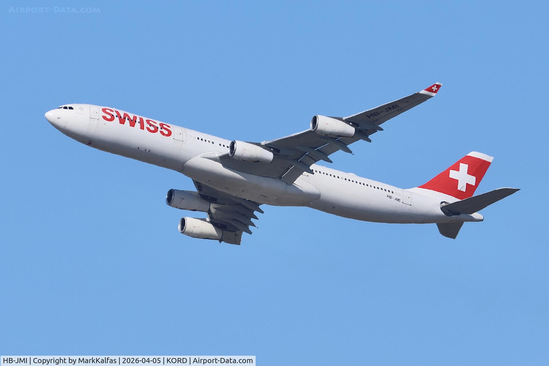 HB-JMI, 2004 Airbus A340-313, c/n 598, A343 Swiss Airbus A340-313, HB-JMI departing 27L KORD.