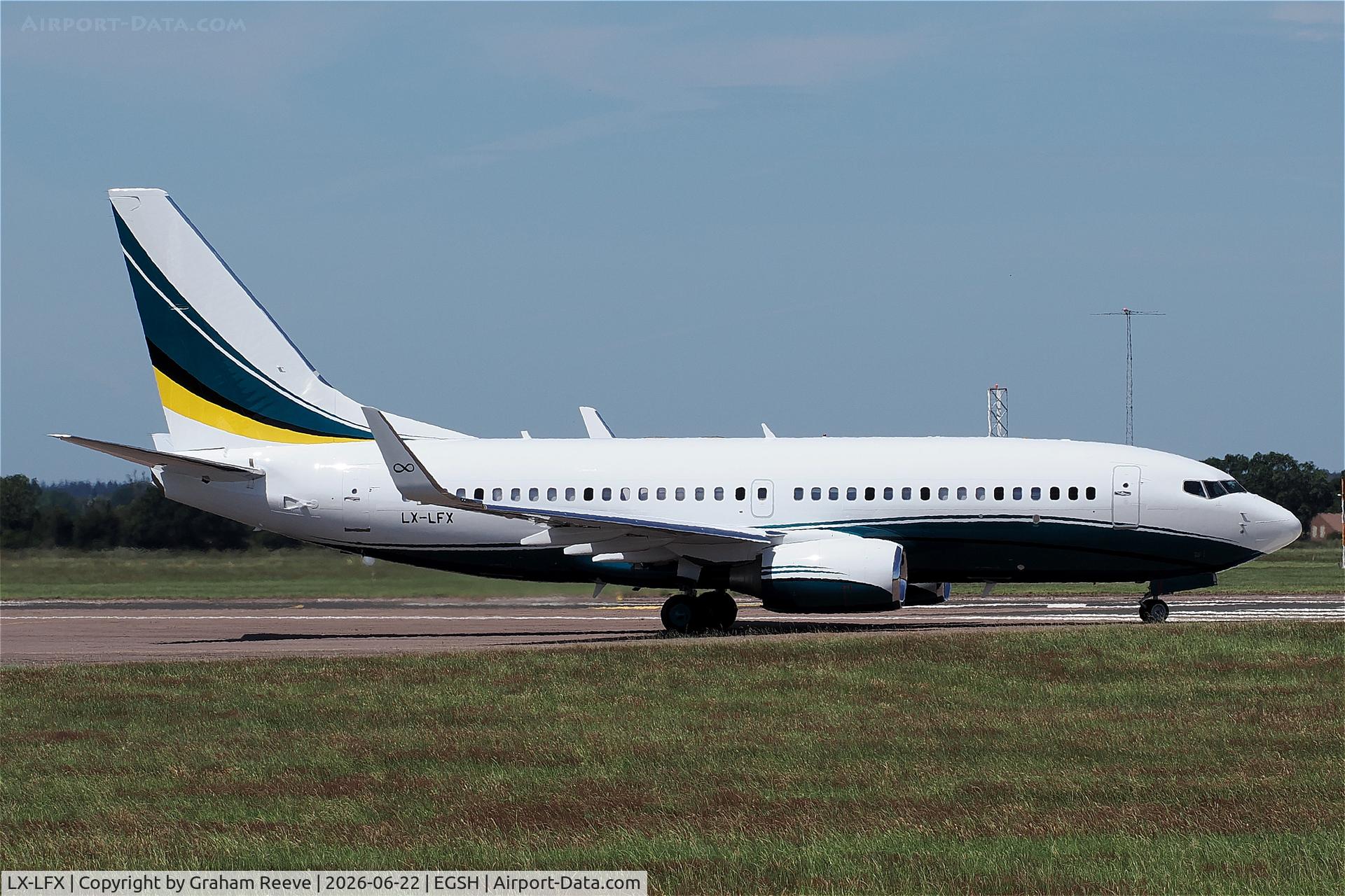 LX-LFX, 2005 Boeing 737-7GC BBJ, c/n 34622 l/n 1785, Just landed at Norwich.