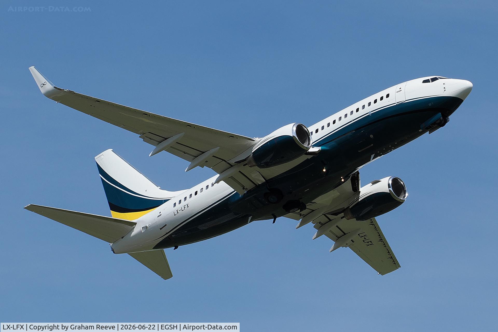LX-LFX, 2005 Boeing 737-7GC BBJ, c/n 34622 l/n 1785, Departing from Norwich.