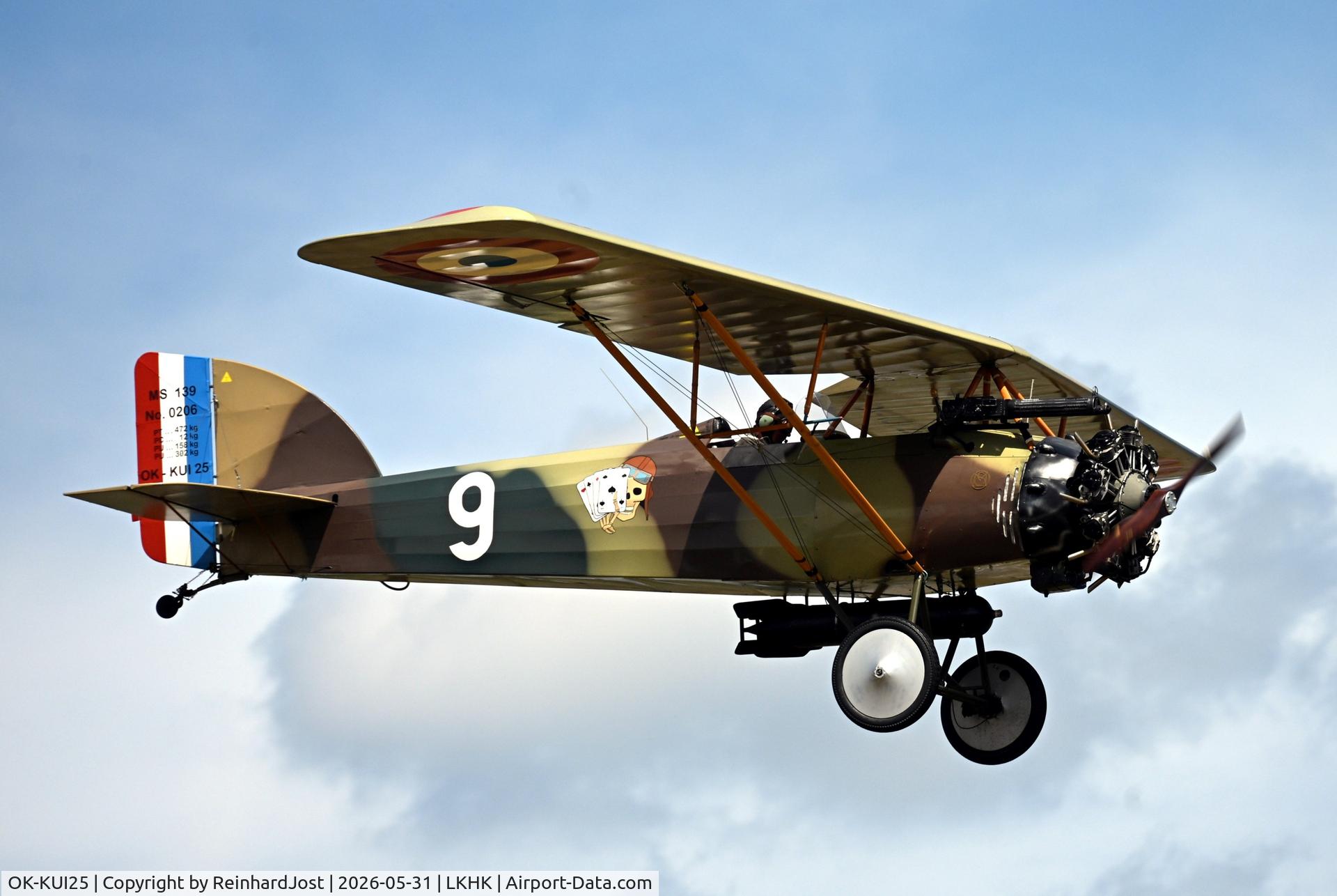 OK-KUI25, Morane-Saulnier MS 139, c/n none, Morane-Saulnier MS 139 UL-Replicaas French Air Force number 0206 / 9 during a simulated dogfight at the Hradec Kralove Airshow 2026. The original was a derivate of the MS 138 trainer, build around  1926. 
