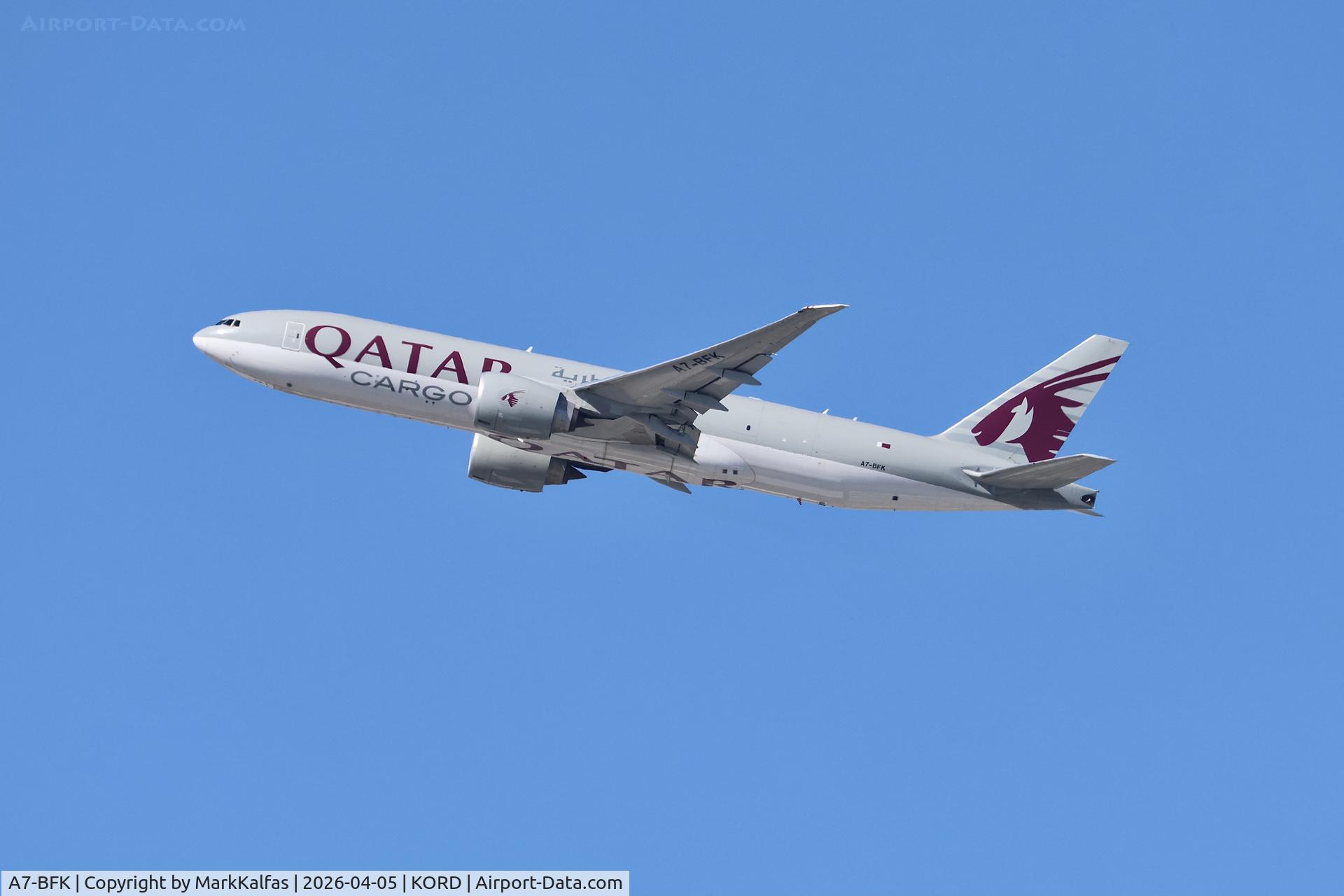 A7-BFK, 2016 Boeing 777-FDZ, c/n 62084, B77L Qatar Cargo Boeing 777-FDZ A7-BFK departing 27L KORD