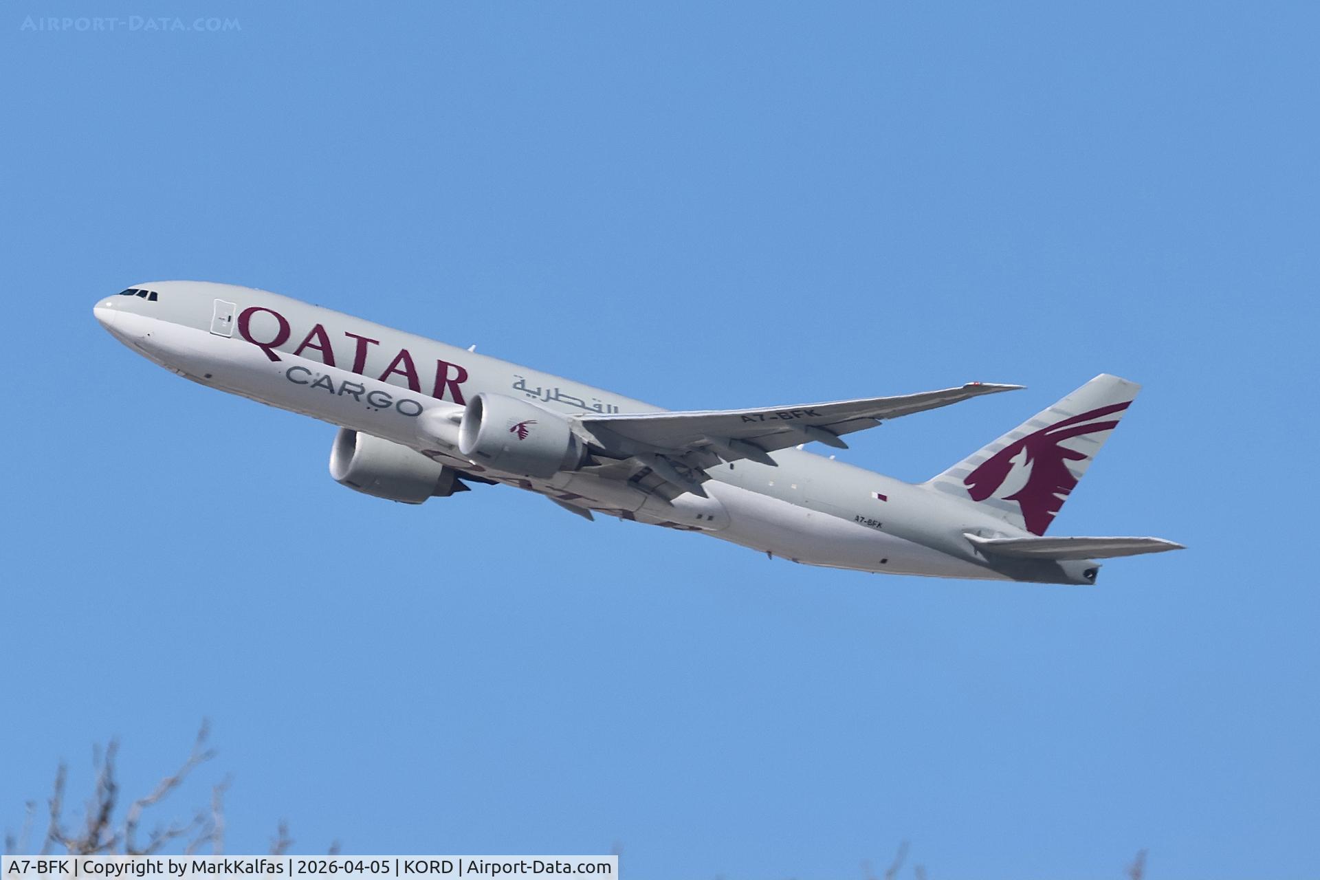 A7-BFK, 2016 Boeing 777-FDZ, c/n 62084, B77L Qatar Cargo Boeing 777-FDZ A7-BFK departing 27L KORD